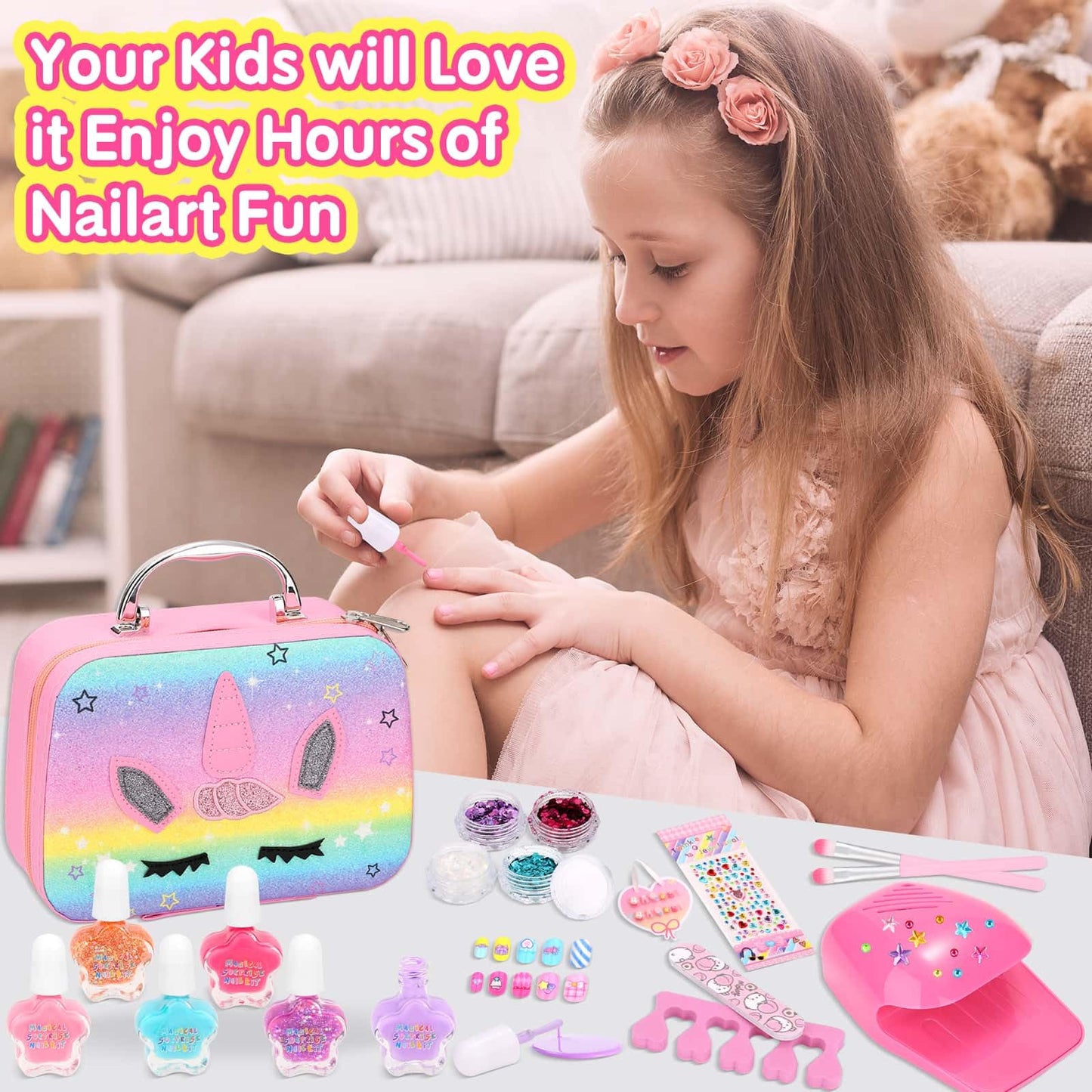 Kids Nail Polish with Press on Nails Set for Girls, Non-Toxic Nail Art Kit with Portable Dryer and Unicorn Case, Cute Stuff Gift Toys for Girls Age 8-12