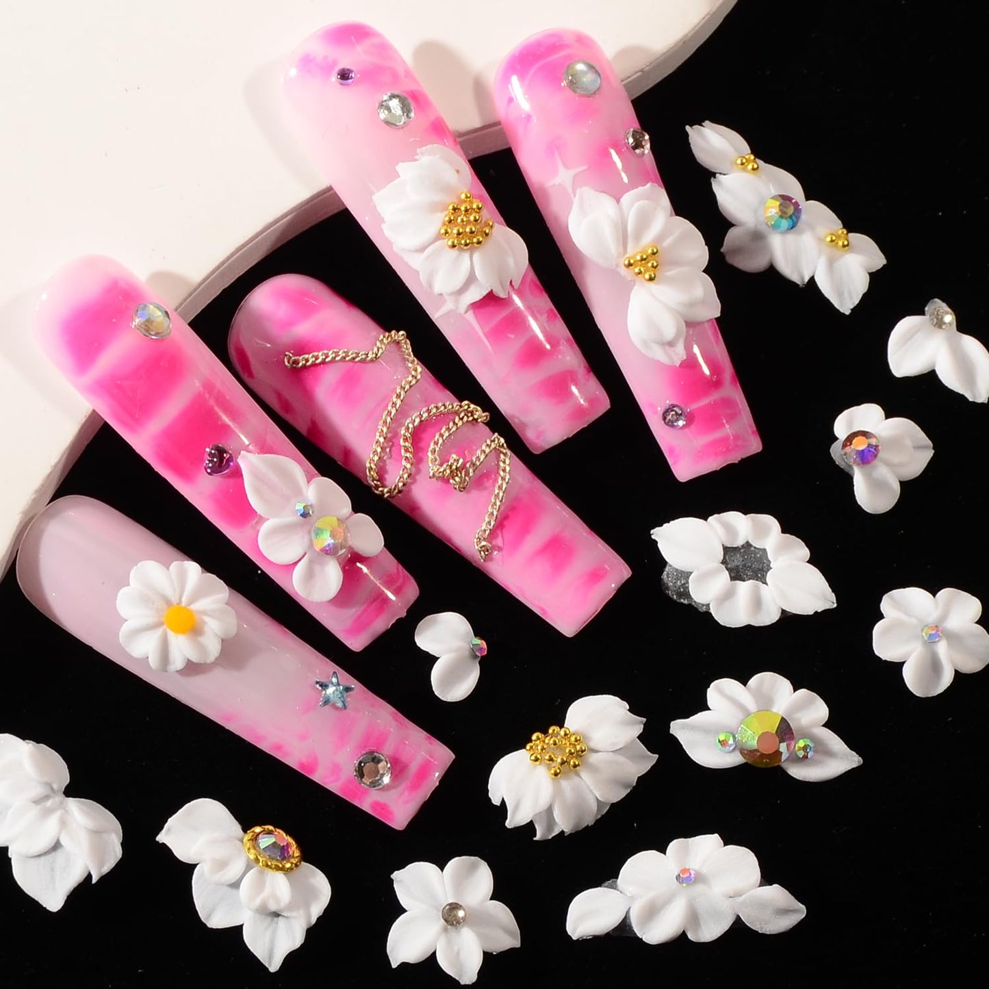 BAIYIYI 30pcs 3D Pure Handmade Acrylic Flowers Nail Charms with Rhinestones Wedding Festival Nail Art Spring Summer Nail Decoration White Flowers Charms DIY Suitable for Women Girls Gifts (01)