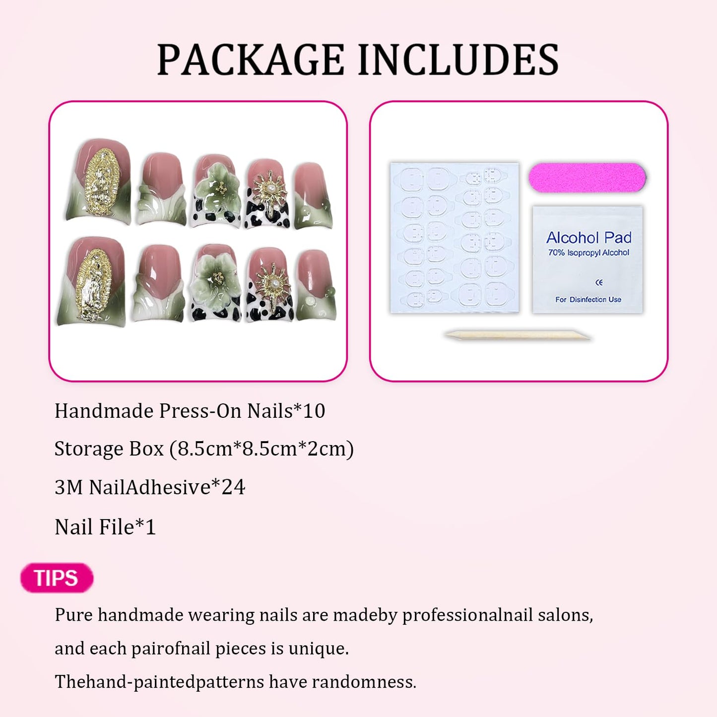 Handmade Press on Nails Short Duck Shaped Fake Nails Green White Gradient Stick on Nail Luxury 3D Flowers False Nails Designs French Tip Thick and Muti-Layer Gel Acrylic Nail for Women（M)
