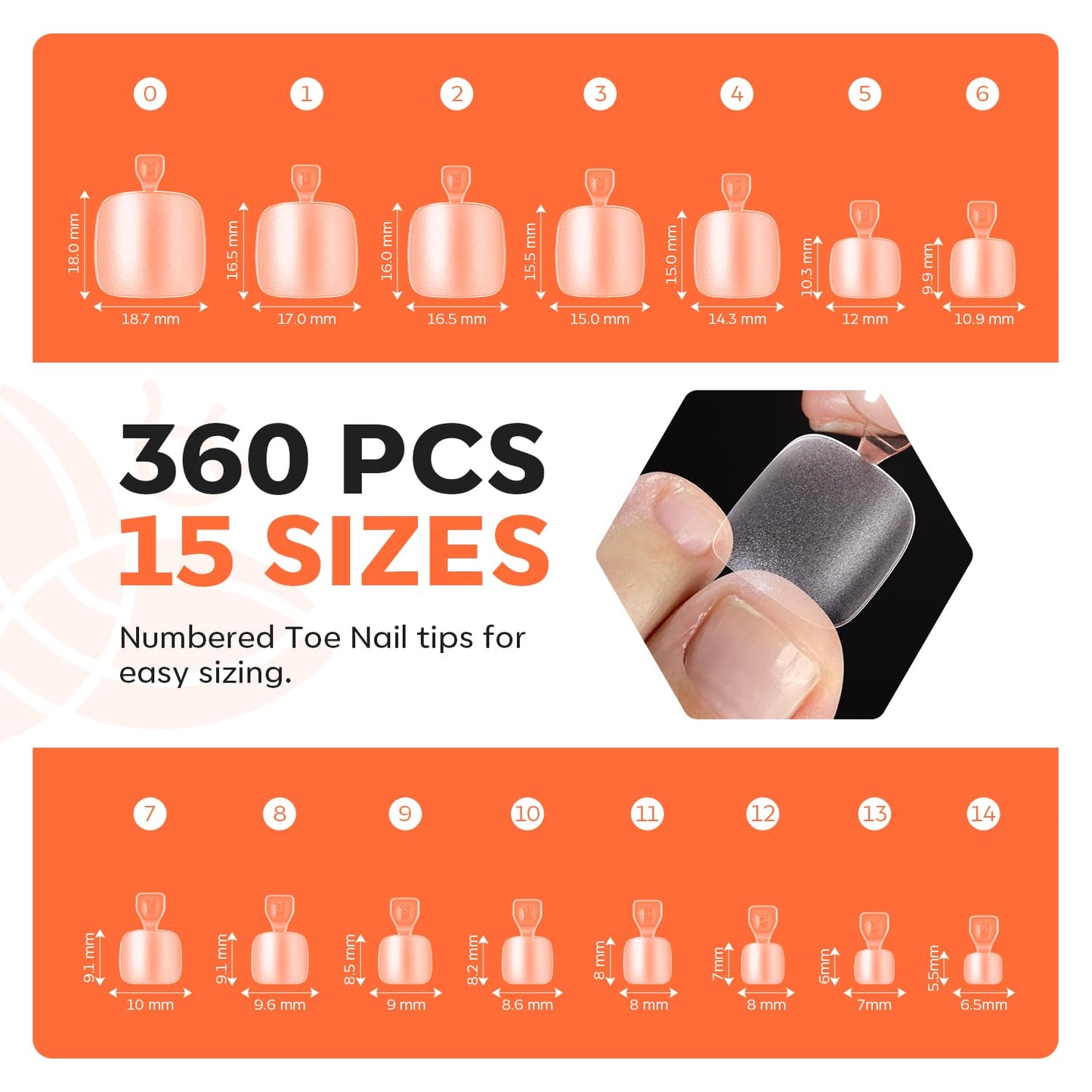 Modelones Toe Nail Tips 360Pcs 15 Sizes Short Square Squoval Toe Nail Press Ons, Soft Gel Full Cover Matte Fake Toe Nails, Pre-Shaped Toe Tips for DIY Salon Use