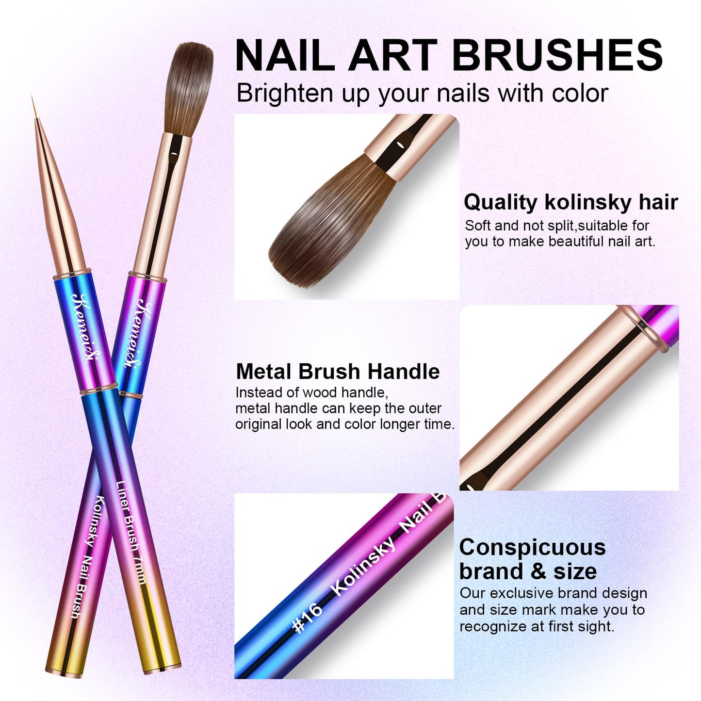 KEMEISI 2PCS Acrylic Nail Brush, Nail Liner Brushes&Size #16 100% Kolinsky Nail Art Brushes for Acrylic Application, Sturdy Handle Oval Shaped Acrylic Nail Design Tools for Professional Manicure DIY