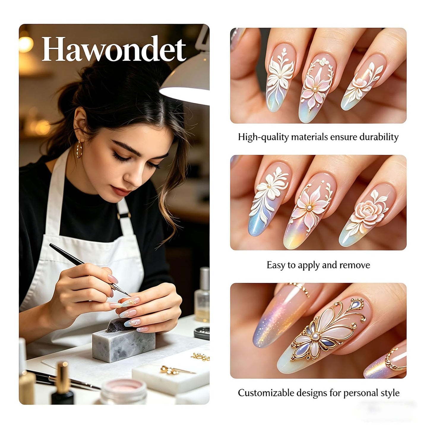 Short Square Press on Nails Handmade 3D Cute Glue on Nails for Women, Luxury Homemade Press on Nail Art Design, Fake Nails with 3D Nail Charms Size M 2