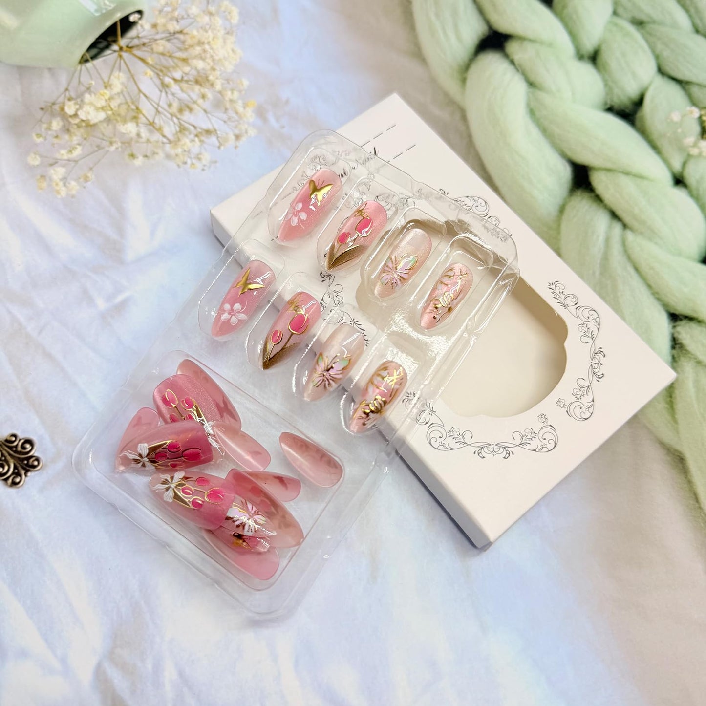 Flower Press on Nails Medium Almond Fake Nails with Designs Tulip Butterfly Stick on Nail Cute Glitter Acrylic False Nail Spring Summer Artificial Nail Glossy Full Cover Glue on Nails for Women