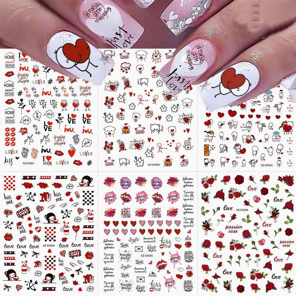 6 Sheets Valentine's Day Nail Stickers for Nail Art, 3D Self-Adhesive Rose Heart Nail Decals, Kiss Flower Love u Nail Supplies Nail Art Design Accessories for Women and Girls Manicure DIY Decoration