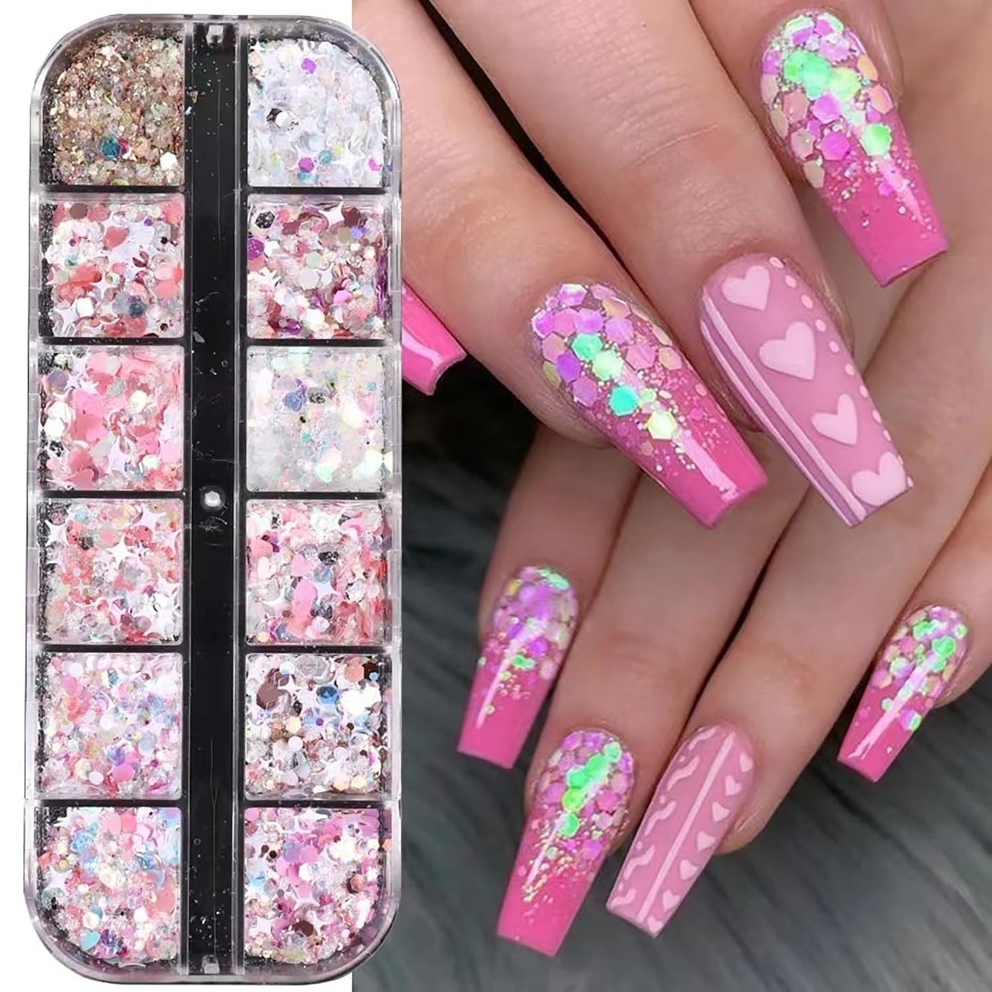 Nail Art Glitter Flakes, Pink Irregular Glitter Nail Sequins Love Heart Star Small Discs Design Nail Supplies for Women Girls Valentine's Day Manicure Charms Decorations DIY Sparkly False Nails Crafts