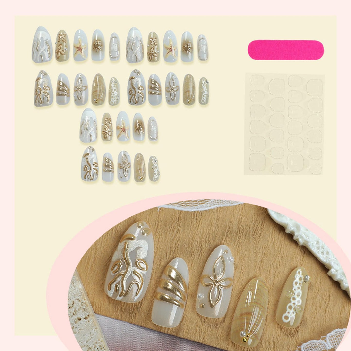 30Pcs Handmade Nails 3D Flower Press on Nails Almond with Ocean Pattern Charms Design French Tip Nail Art Starfish Mermaid Beads Stick on Nails Summer False Nails Medium Nails for Women Manicure