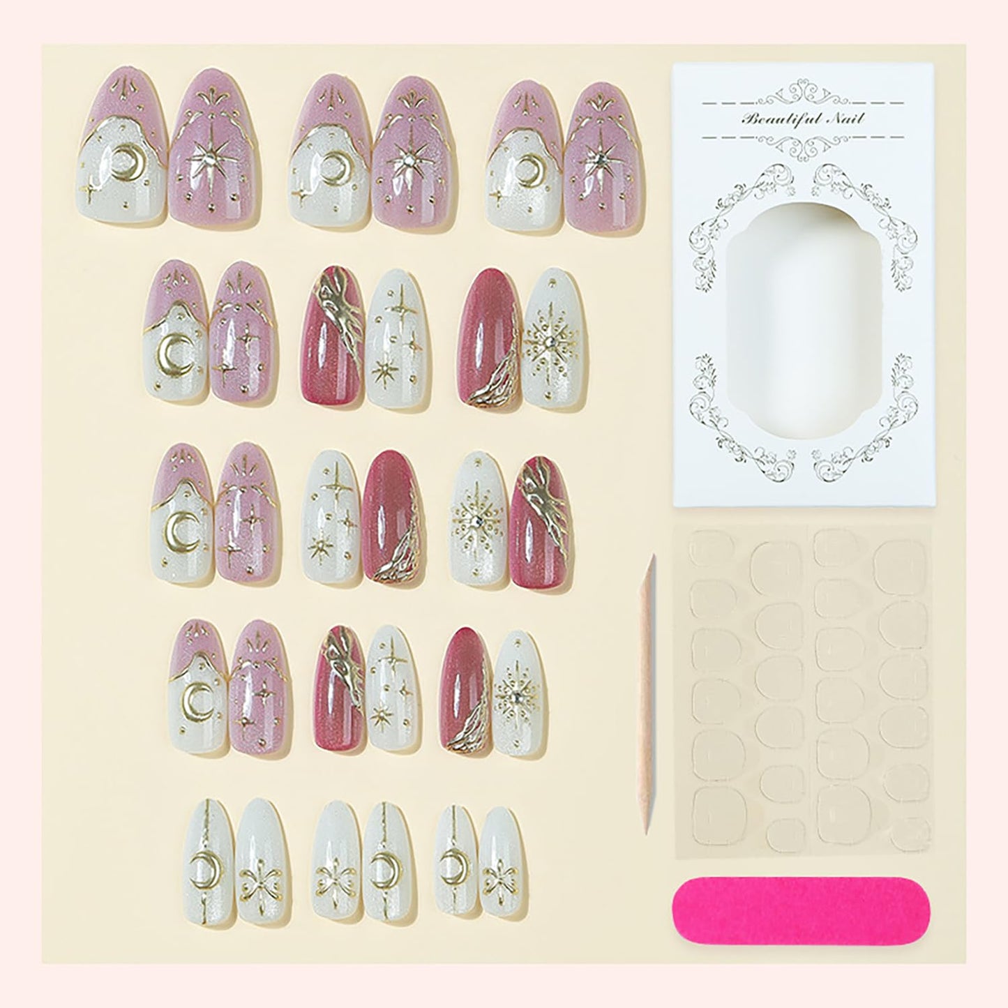 30Pcs Almond Press on Nails Medium Length Pink French Tip Fake Nails with Bohemia Designs Gold Stars Moon False Nails Glitter Pink Acrylic Nail Star Full Cover Glue on Nails for Women Nail Decorations