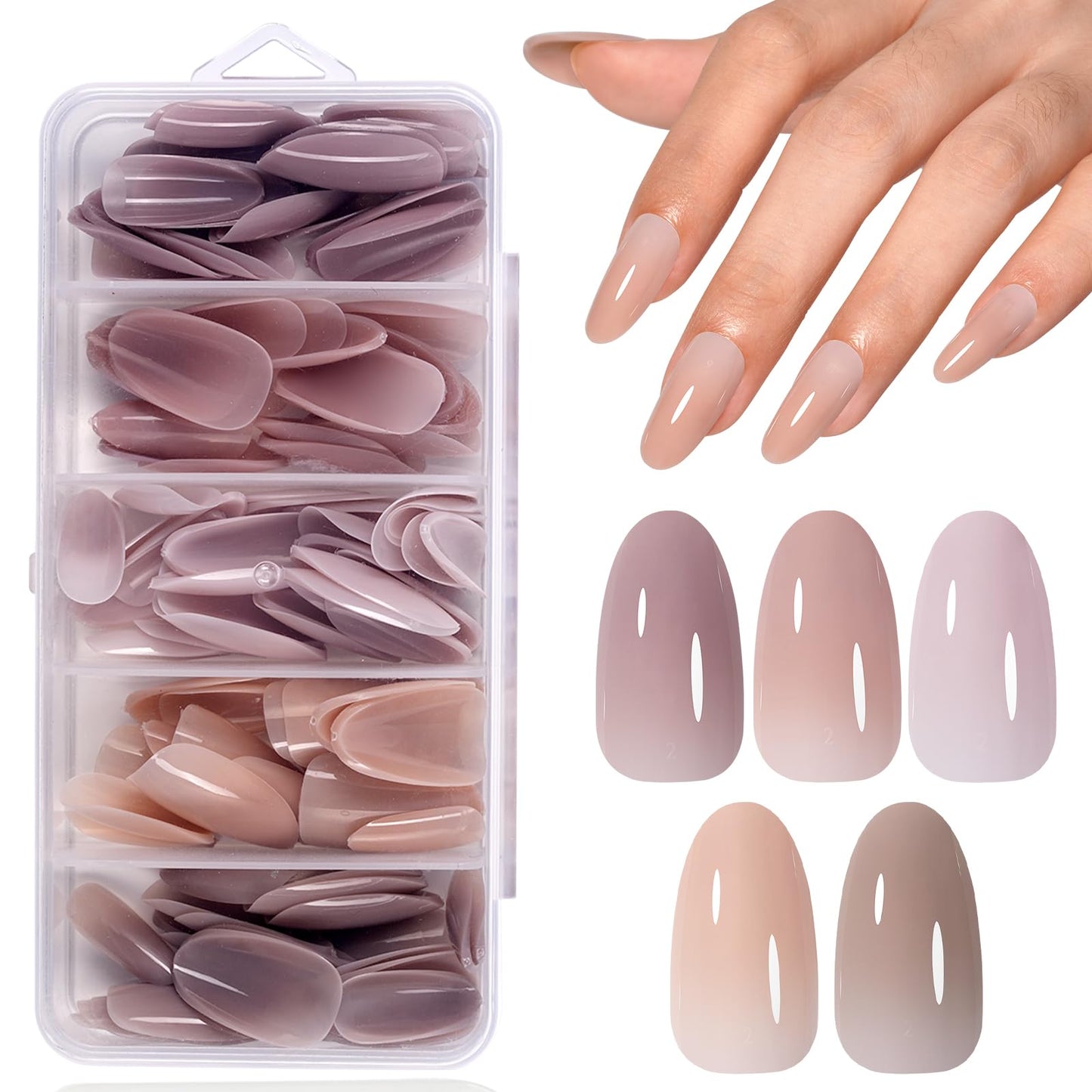 AILLSA Medium Gel Nail Tips Oval Shape 5 Natural Colors 4 in 1 False Nail Tips Set Press on Nails 140 PCS Pre-applied Tip Primer