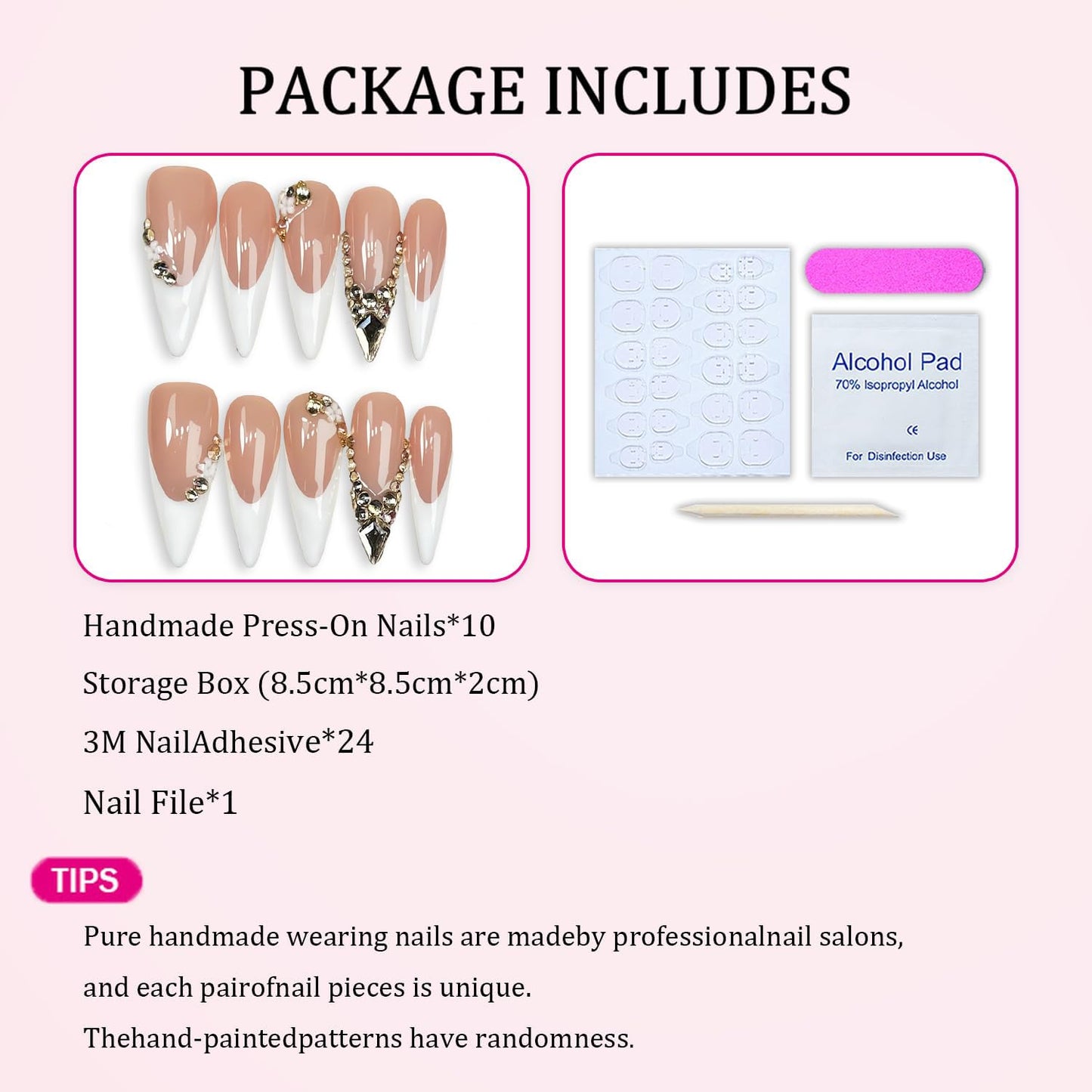 Handmade White French Press on Nails Long Stiletto False Nail with 3D Rhinestone Designs Handmade Flower Fake Nails Muti-Layer Gel Acrylic Nail Full Cover Stick on Nails for Women（M)