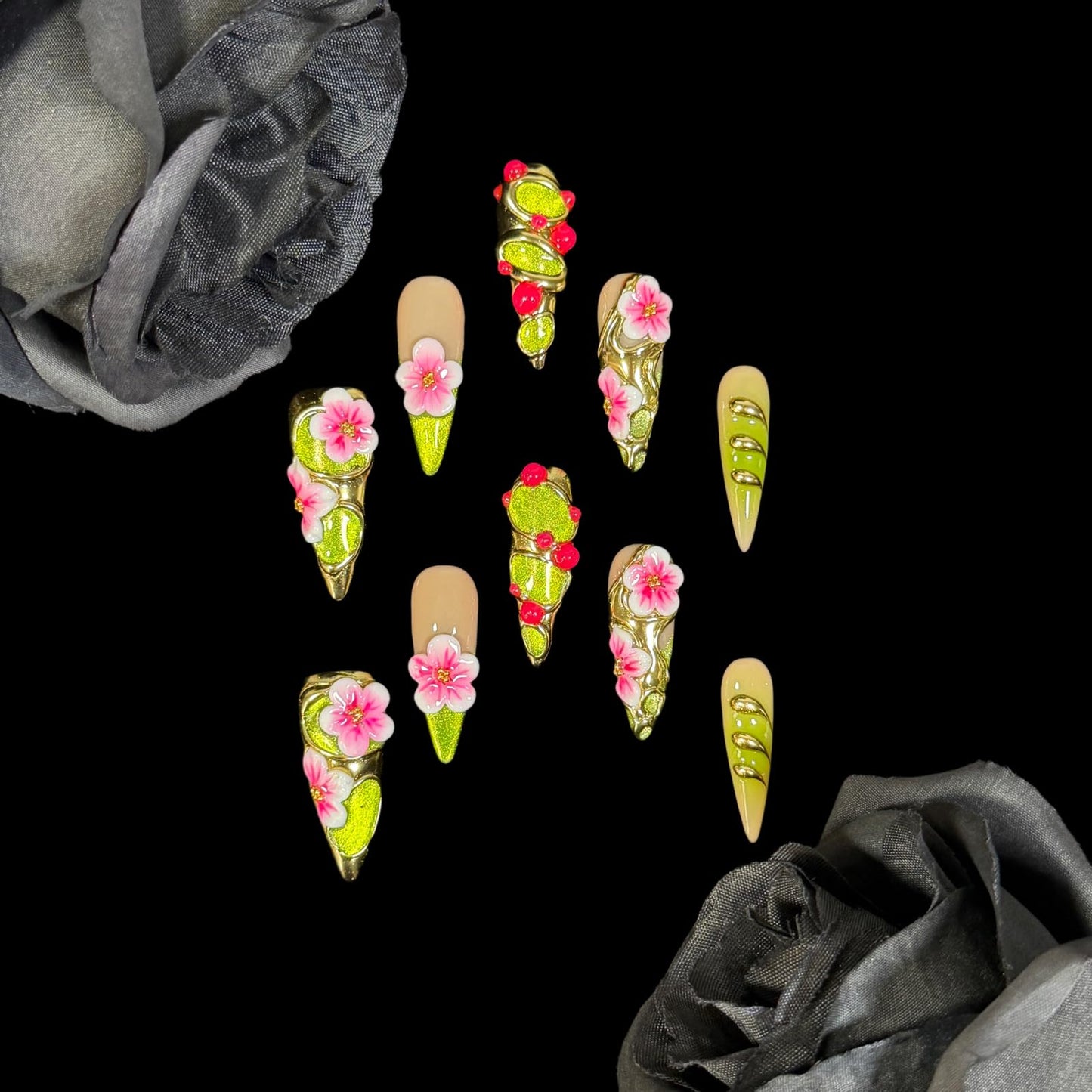 Handmade Luxury Floral Press On Nails, Long Stiletto 3D Pink Petals & Emerald Green Glitter Ombre, Gold Foil Acrylic Reusable False Nails Elven Forest (S)