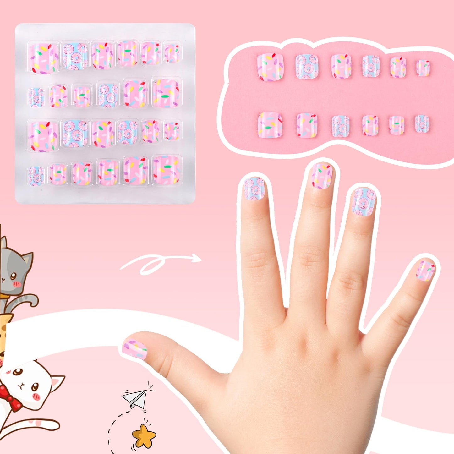 Kawyehu Kids Press on Nails Children Fake Nails 72PCS Artificial Nail Tips Adhesive Full Cover Short False Fingernails for Girls Kids Nail Decoration (French Donut Heart)