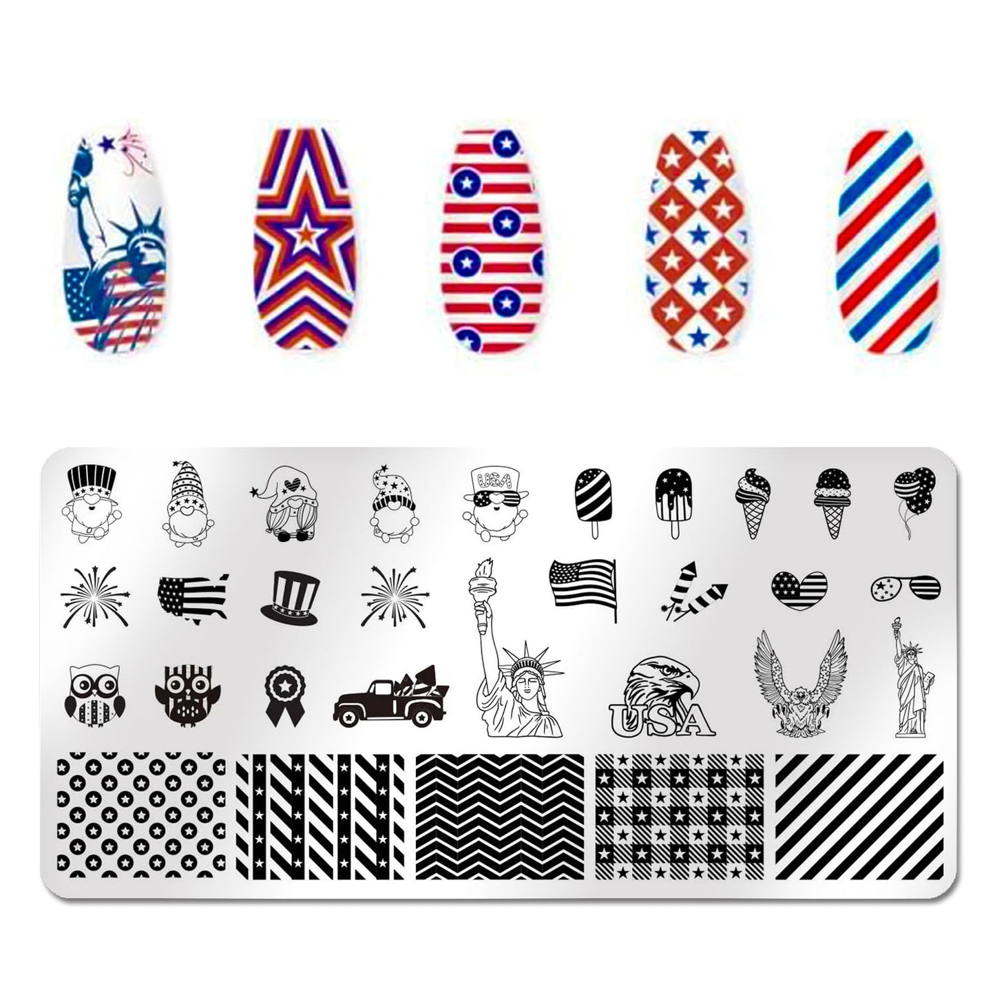SILPECWEE 6 Pieces 4th of July Nail Stamping Plate Independence Day Nail Stamp Patriotic American Nail Design Stamp Stencils Nail Art Template Nail Art Stamping Kit Tools