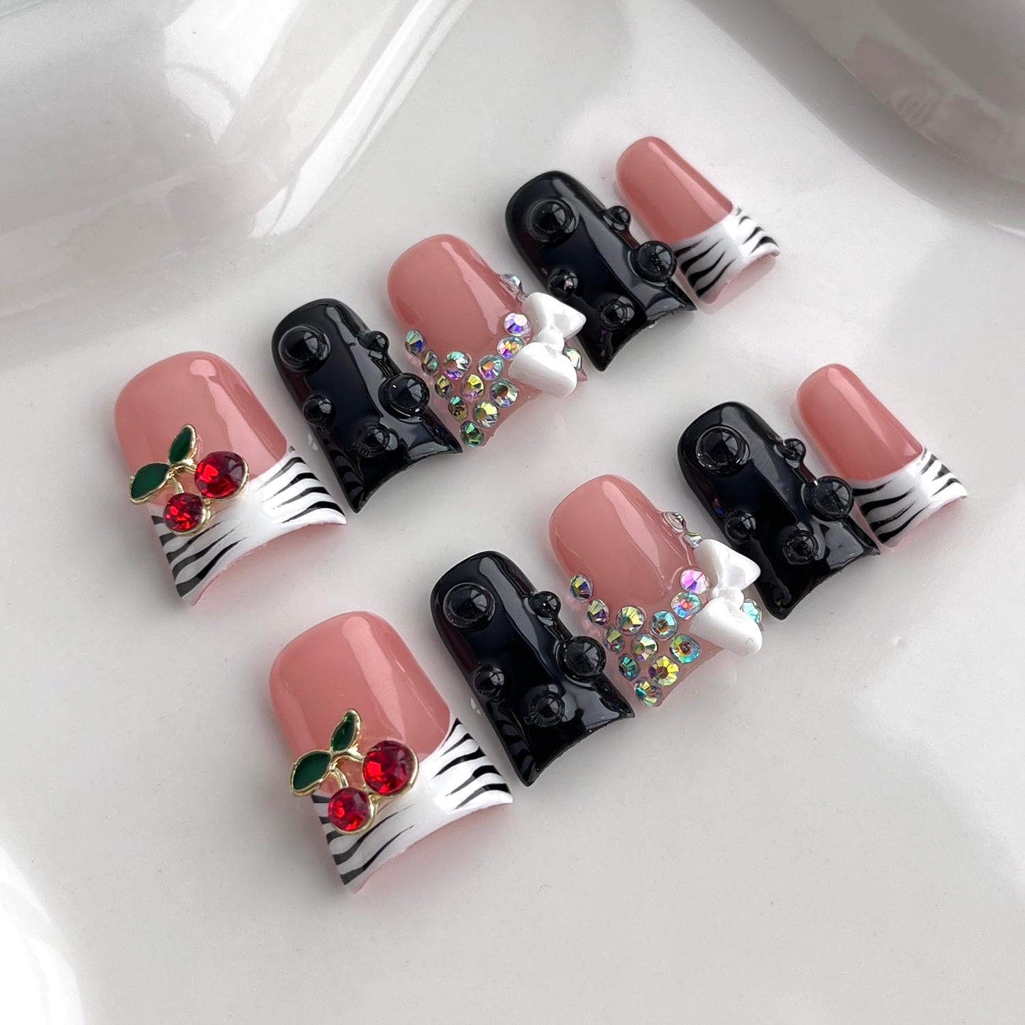 French Tip Press on Nails Handmade Short Duck 3D Thick Acrylic Nails Black&White False Nails with Bow Cherry Rhinestones Butterfly Zebra Print Designs Cute Fake Nail Sturdy Art Press on Nail 10Pcs(S)