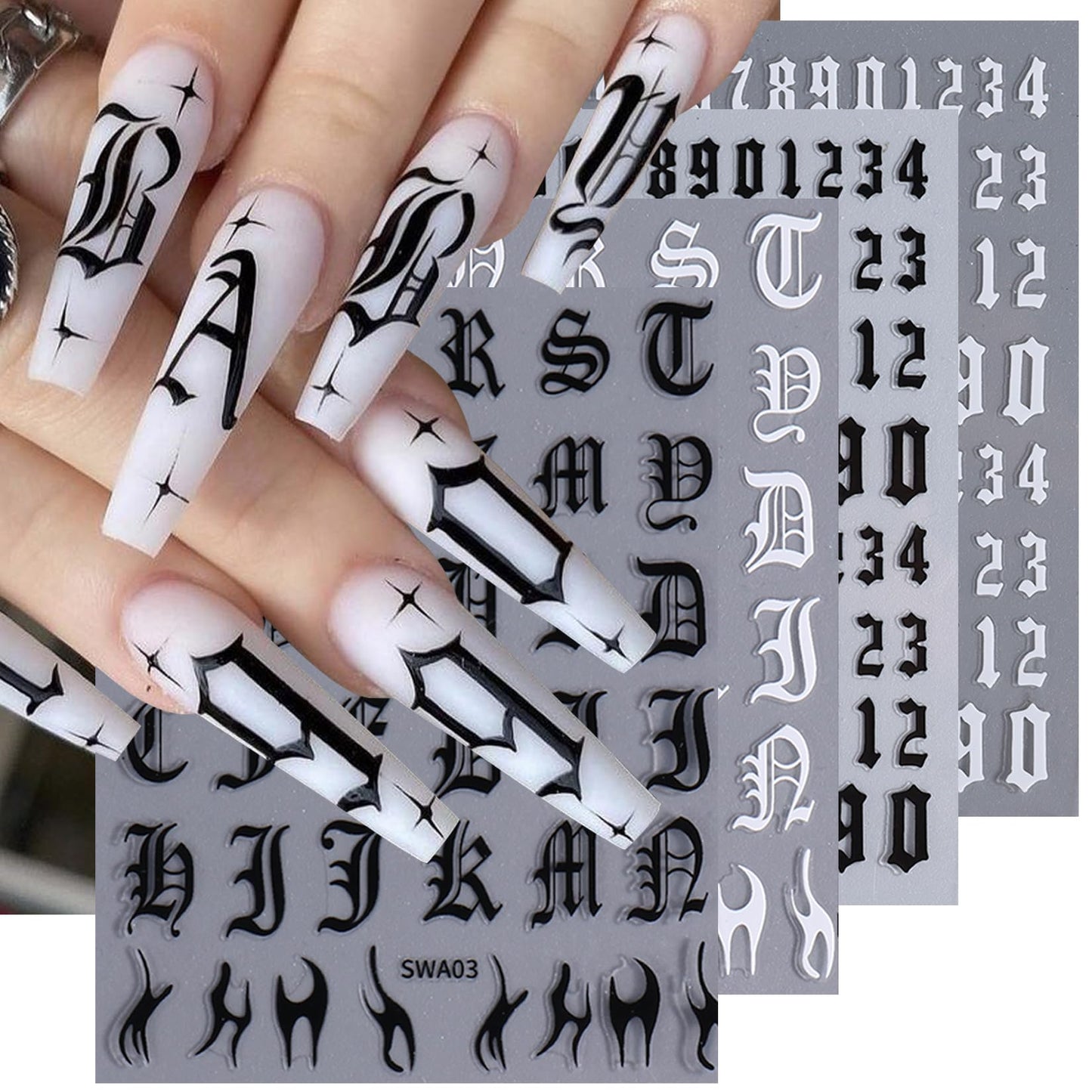Letters Nail Art Stickers Decals 12 Sheets Alphabet Initial Nail Decals 3D Self-Adhesive White Black Gold Old English Gothic Letter Sticker for Nails Art Women DIY Manicure Decoration Accessories