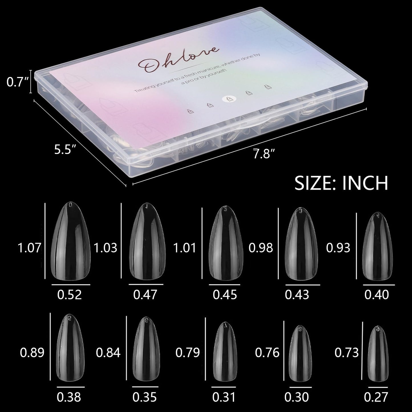 500Pcs Medium Almond Fake Nail Tips Full Cover Clear Acrylic Nails Press on Nails for DIY Nail Art, 10 Sizes