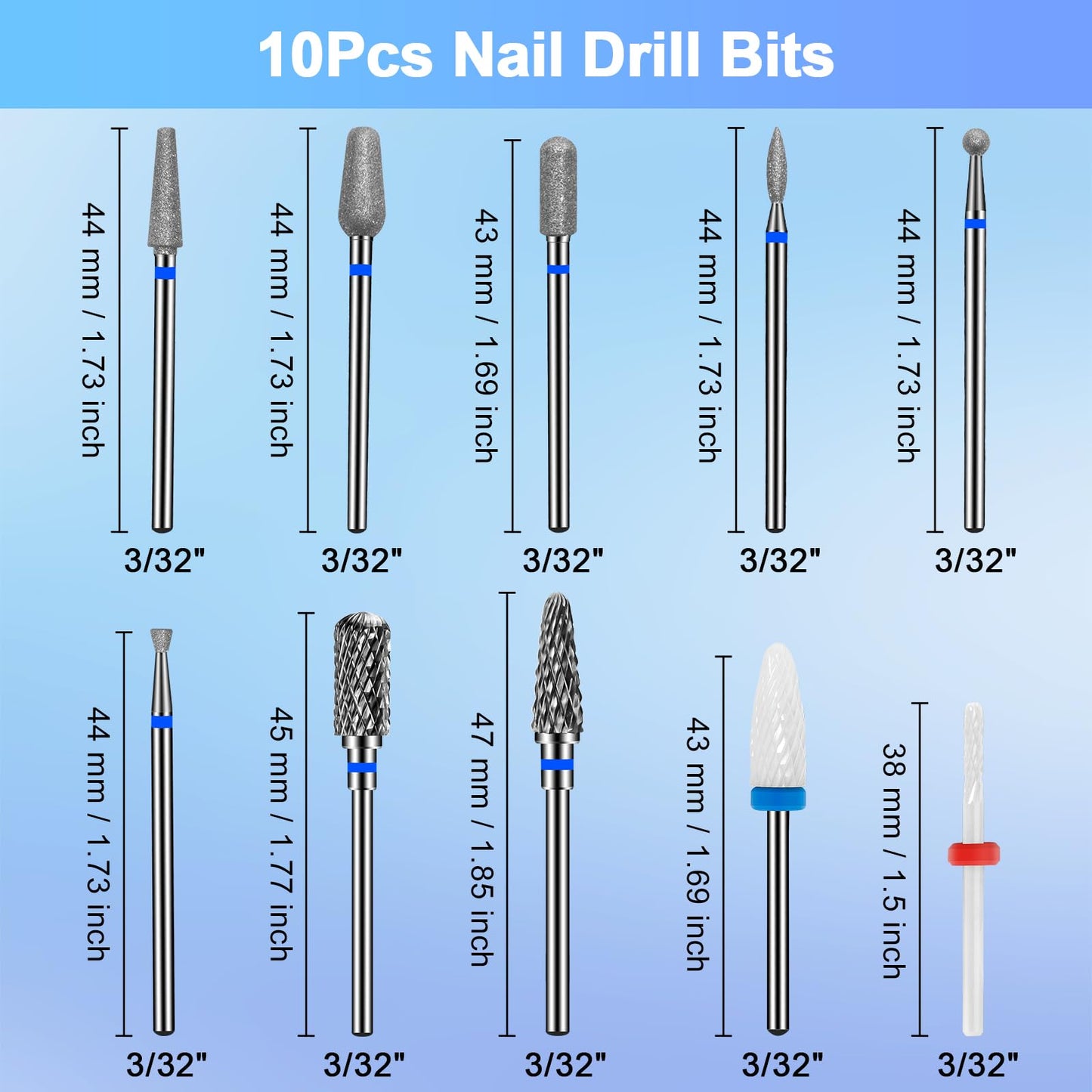 CGBE Nail Drill Bits Sets: 10PCS Tungsten Ceramic Diamond Carbide Nail Drill Bits for Acrylic Nails - 3/32" Shank Professional Nail Bits for Nail Drill Cuticle Drill Bit for Nail Enthusiasts