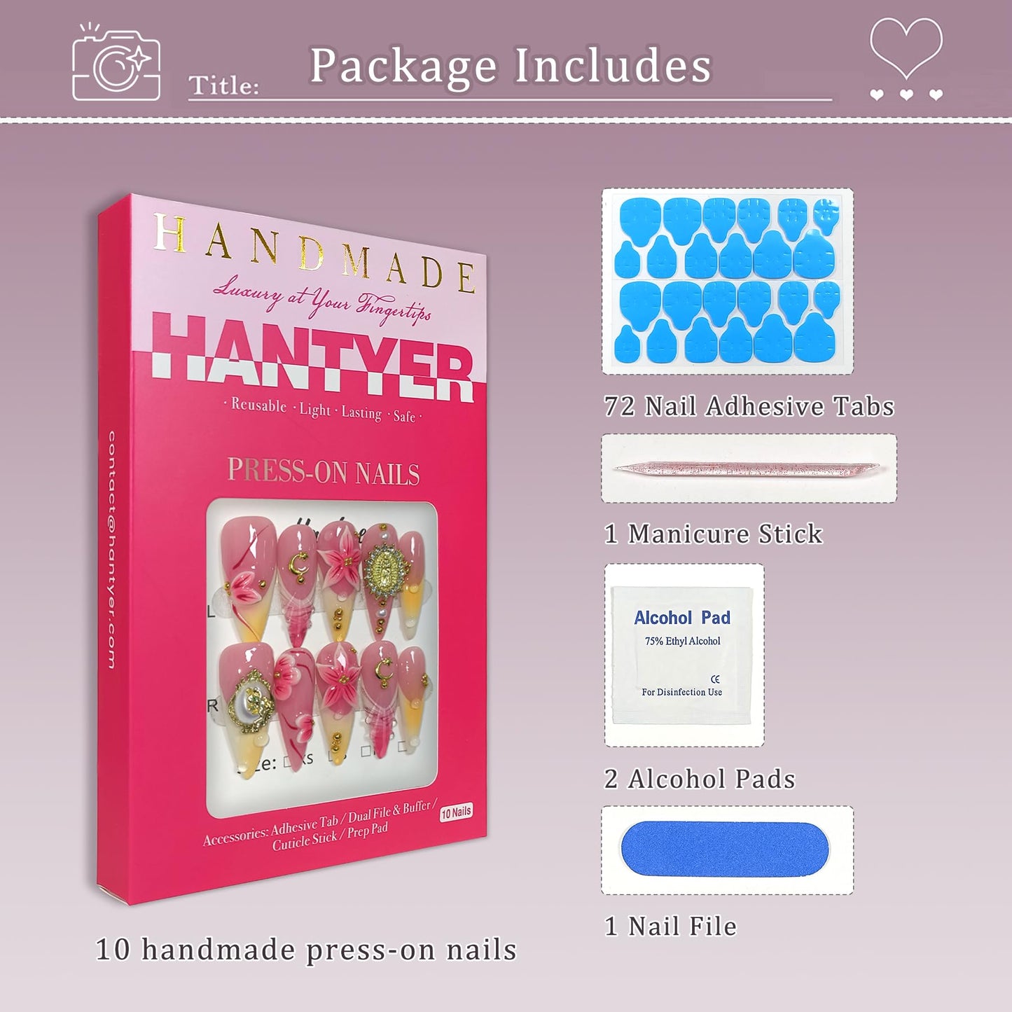 Hantyer Pink Ombre French Press on Nails with 3D Floral Carving, Gold Statue Charms, Long Stiletto Glossy Iced Baroque Fake Nails, Reusable Elegant False Nails for Women Wedding Ball Party (Size M)