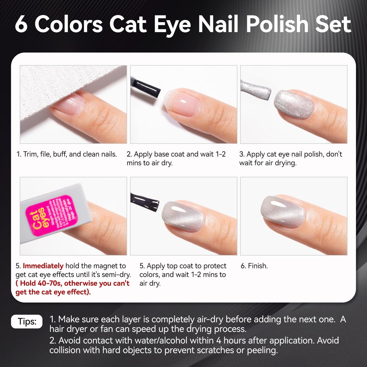 Nailshion Nail Polish Set 6 Colors Black White Silver Gray Sparkle Cat Eye Glitter Shimmer Nail Polish Kit with Magnet, Quick Air Dry Non Gel, Nail Art DIY Home Travel Manicure Gift for Women Girls