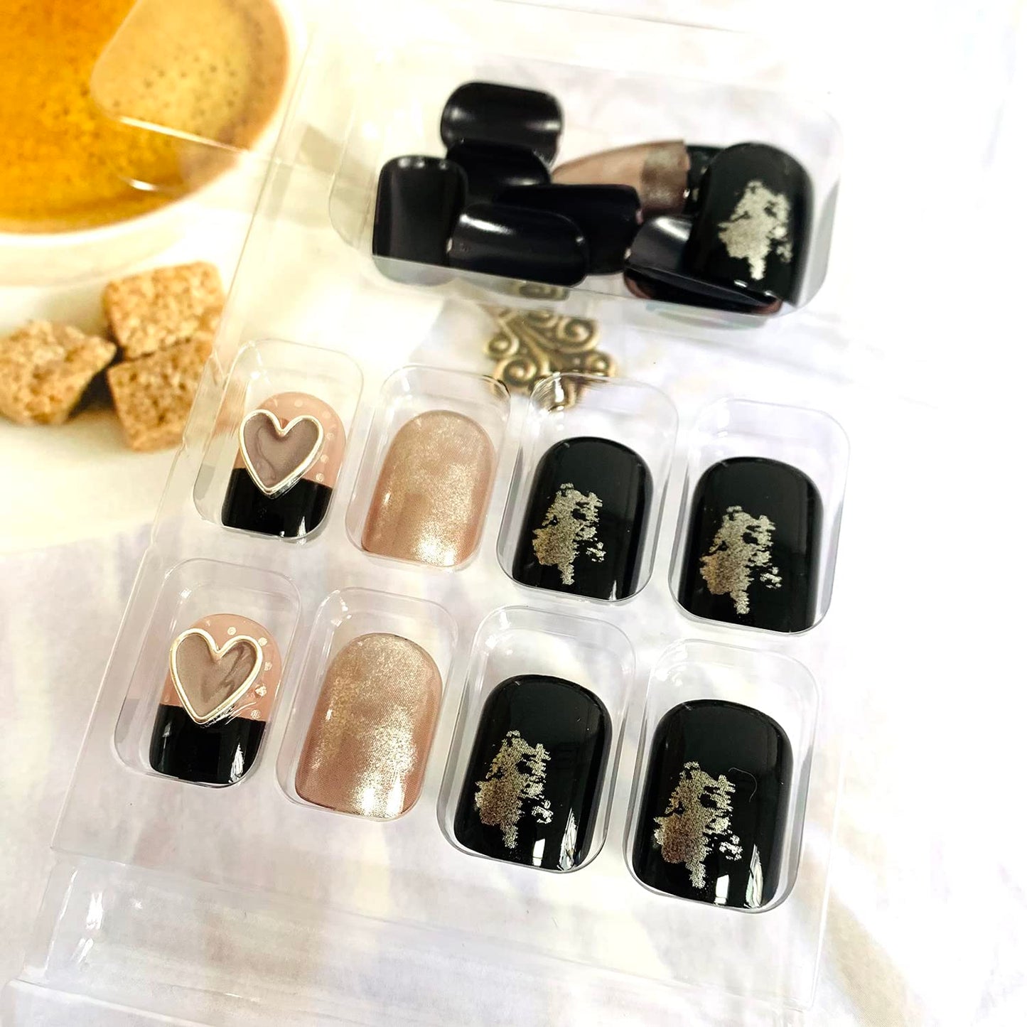 Press on Nails Short Square Length, Full Cover Reusable False Nails Kits, Glue on Nails with Rhinestone Designs Artificial Glossy Fingernails Acrylic Fake Nails for Women Stick on Nails Coffin Shape