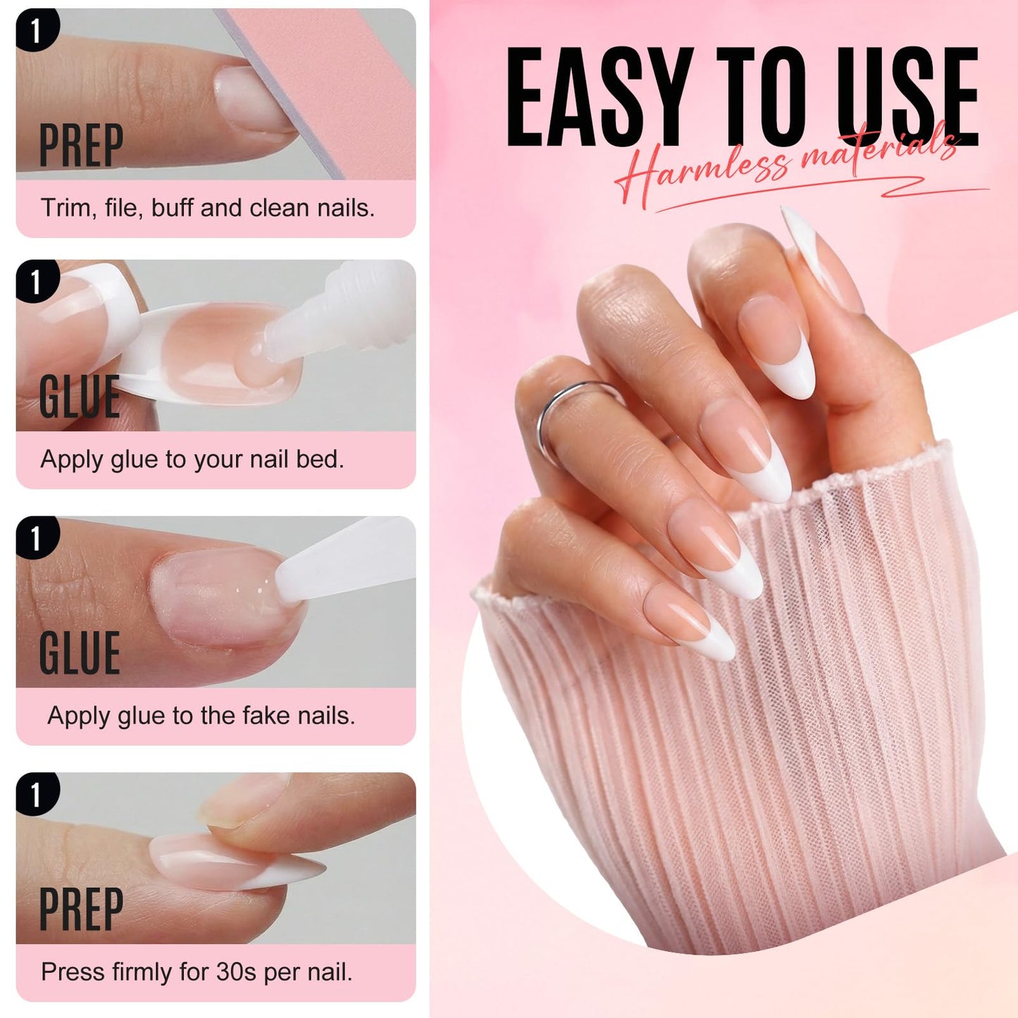 Bioday Ombre Press on Nails Short Square, Soft Gel Nude Pink Fake Nails Press on with Glue, 30Pcs Reusable Stick on Nails in 15 Sizes, Salon Quality False Nails for Women Spring Summer Vacation Gift