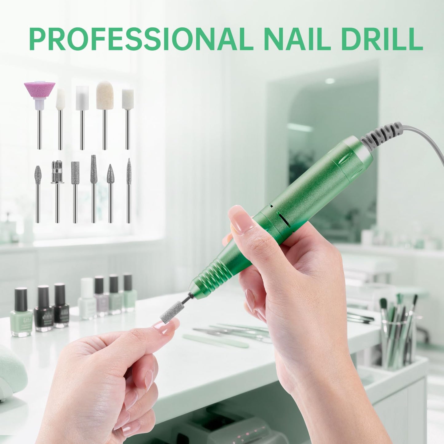 Nail Drill, Professional 45000RPM Rechargeable Electric Nail File with 11 Drill Bits & 50 Sanding Bands, Low Noise Nail Drill Kit for Acrylic Gel Nails, Salon & Home Use, Soft Green