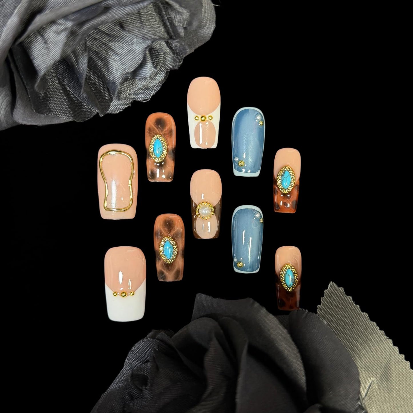 Handmade Press on Nails - Turquoise & White French Tip Short/Medium Square Shape, Amber Print Acrylic Reusable False Nails with Pearl Accents (Turquoise, S)
