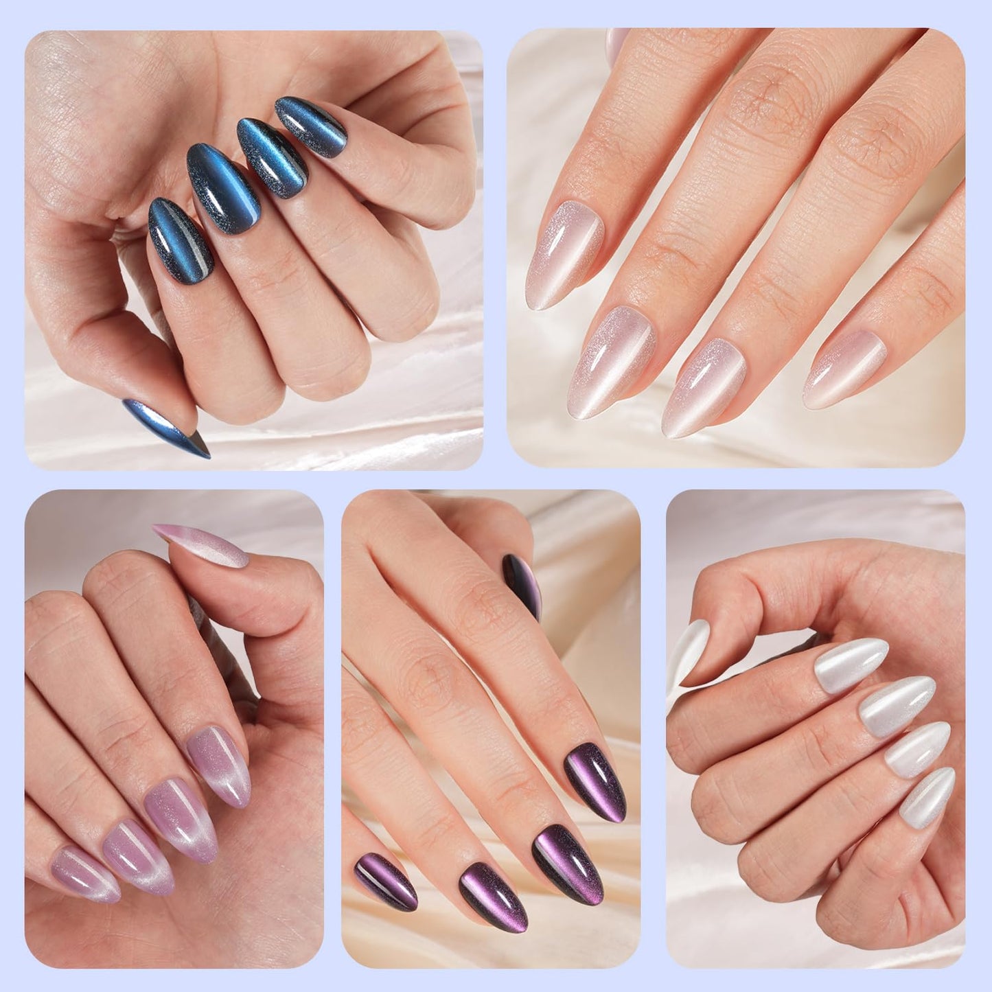300Pcs Cat Eye Press on Nails Medium Almond, Plauva Soft Gel Fake Nails, Glossy Glitter Cat Eye Nail Tips for Women and Girls Stick On Nails in 15 Sizes