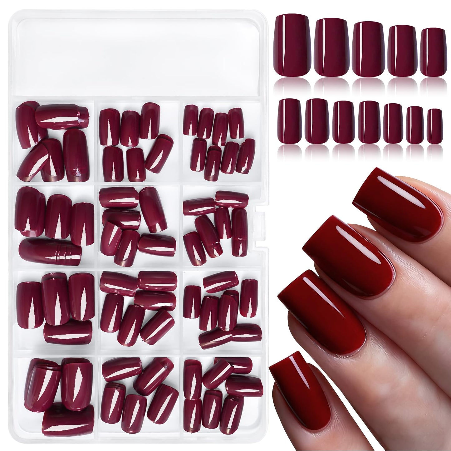 LoveOurHome 240pc Christmas Wine Red Press on Nails Medium Square Fake Nails Press ons Square Nail Tips Gel False Nails Presson Artificial Fingernails & Glue Adhesive Tabs Women Girls Manicure Decor
