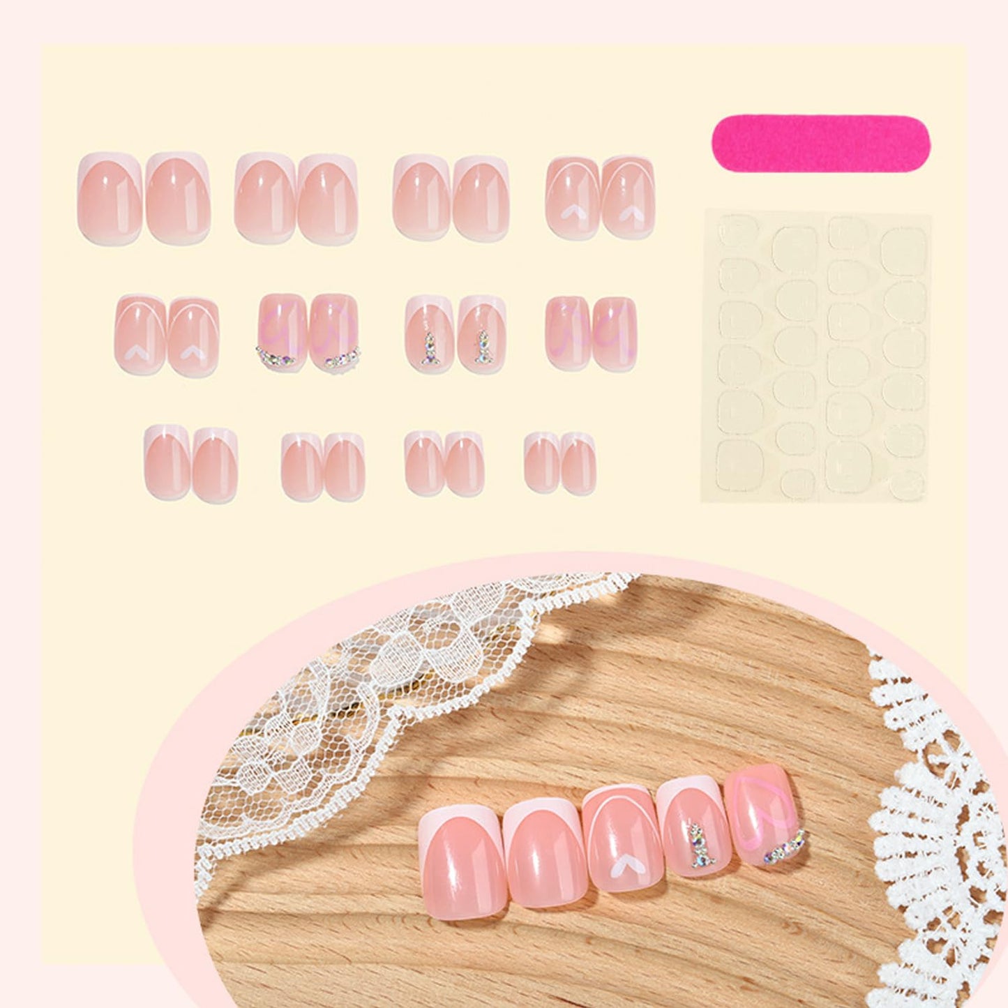 24Pcs French Tip Press on Nails with Nude Pink Hearts Design,Glossy Short Square False Nails Rhinestones Acrylic Fake Love Heart Stick on Fingernails Valentine's Press ons Cute Glue on Nail for Women