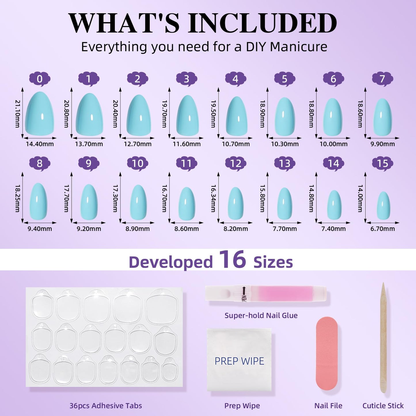 Blue Press On Nails - Short Almond Press On Nails, Light Blue Reusable Fake Nails with Nail Glue for Women, 32 Pieces, 16 Sizes