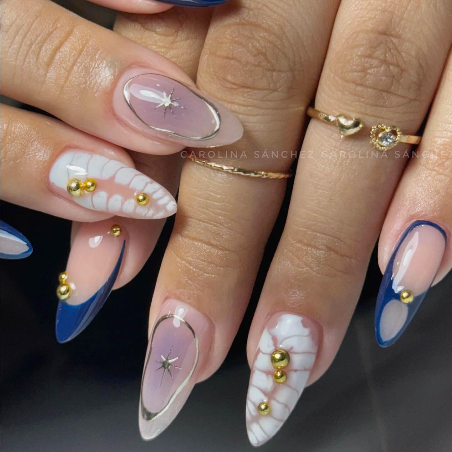 Gleamrain Almond Press on Nails Medium with French Design Blue Glue on Nail for Women Summer Vacation 24pcs