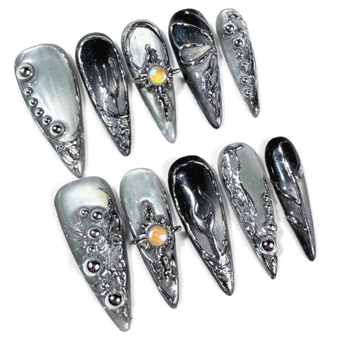 Handmade 3D Metallic Futuristic Stiletto Press On Nails, Silver Black Mechanic Artisan Nails Set, Reusable Glossy Press-ons with Tool Kit (M)