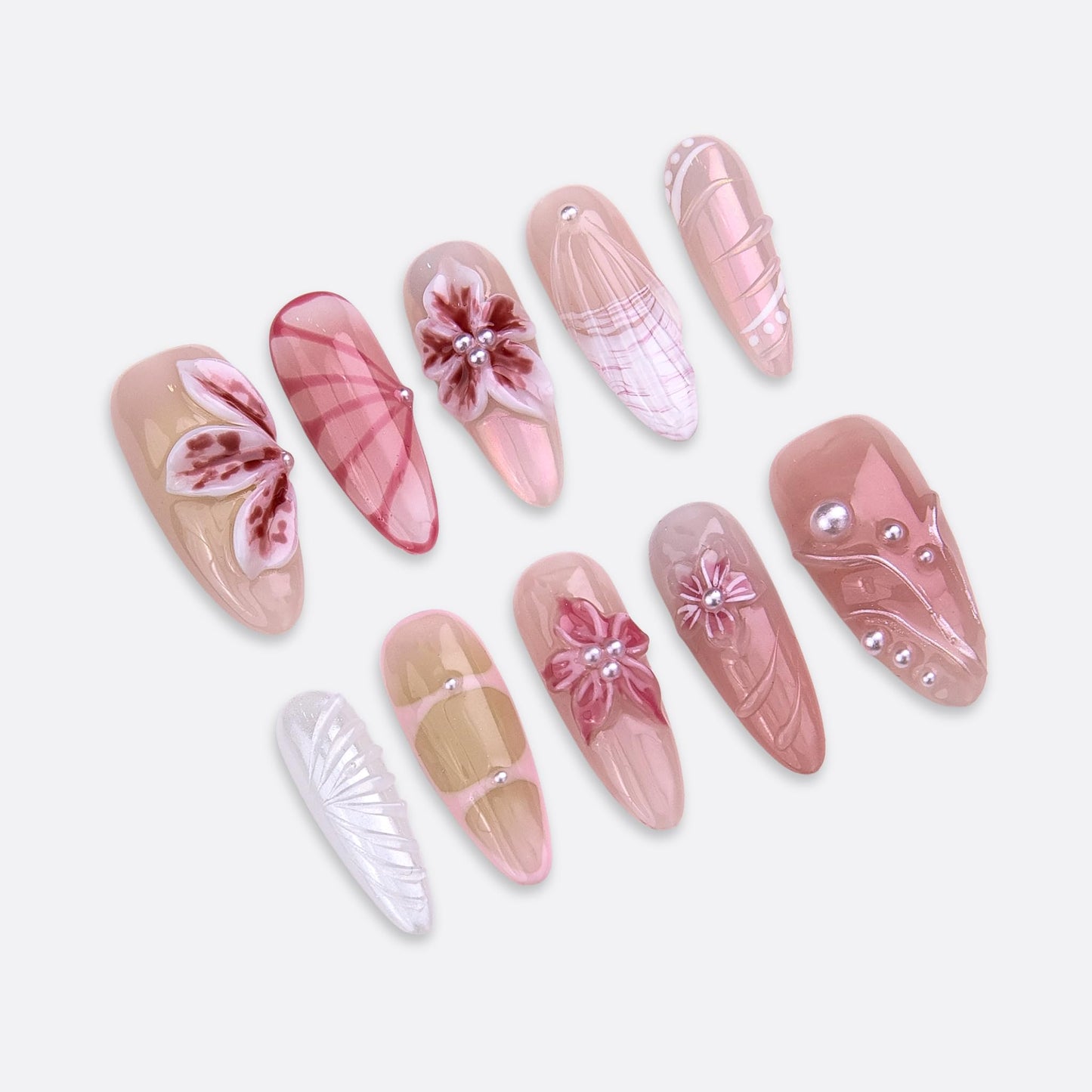 SIYOU Beauty | Tropical Serenade | Pink and White Tropical Long Almond Press On Nails for Women (Small) - Reusable, Salon-Quality Fake Nails (10pc)
