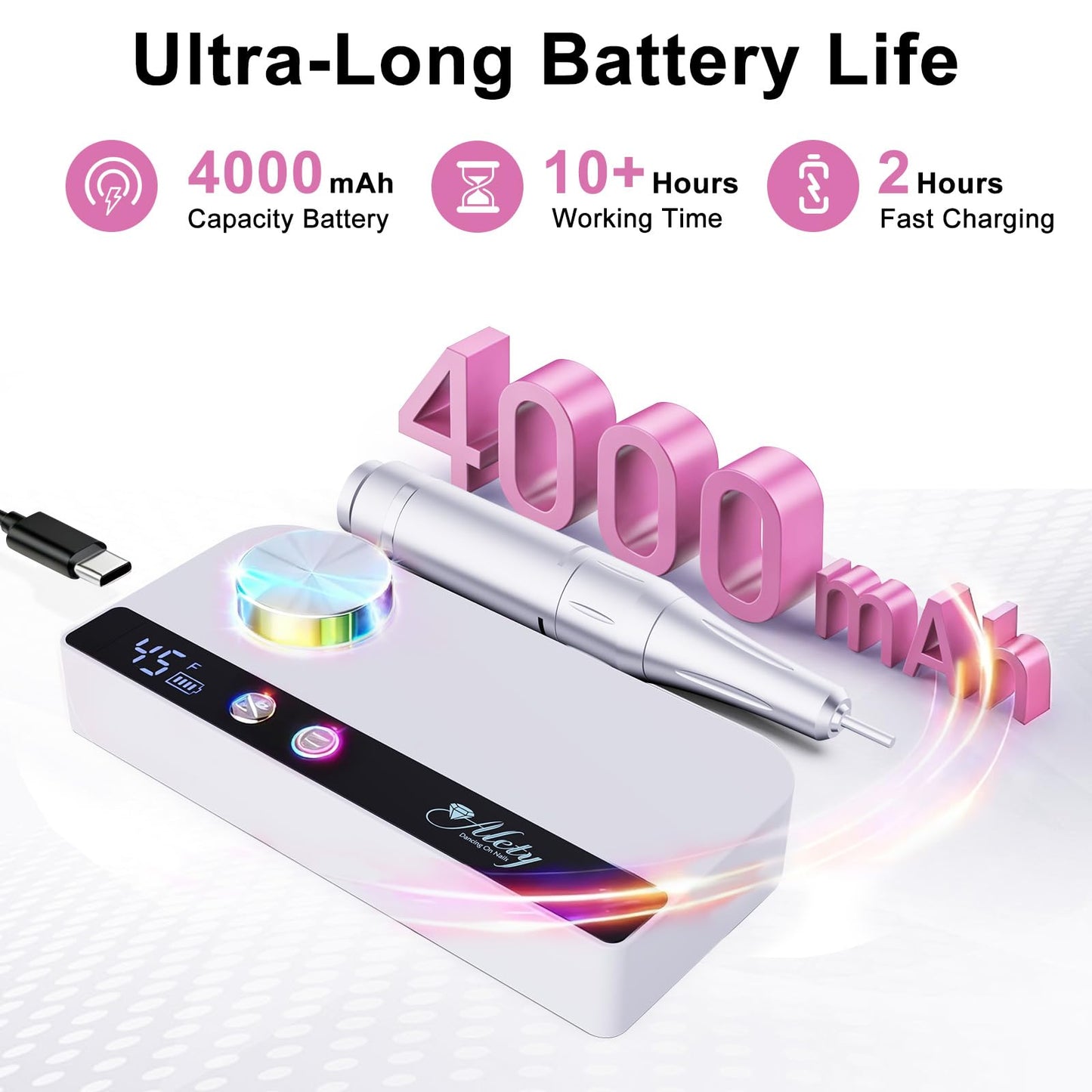 Alety Nail Drill Professional 45000RPM Electric Nail File Kit, Upgraded AC450F Nail Drill Machine for Acrylic Gel Nails, Rechargeable Salon-Grade E-File Set, Manicure Nail Tools with 11 Gold Bits