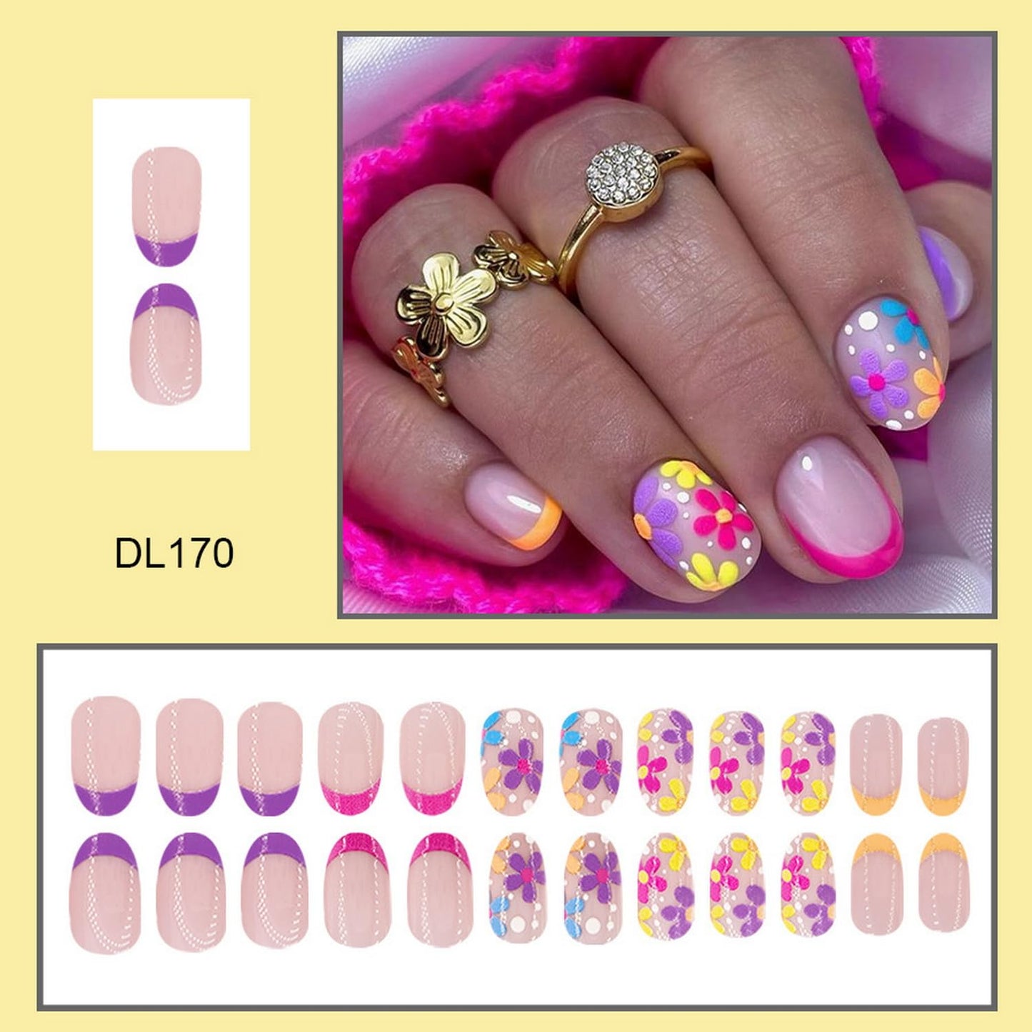 Short Almond Press on Nails Flower Fake Nails with design French Tip Press ones Orange Purple Pink False Nails Glossy Full Cover Summer Stick on Nails Reusable Glue on Nails for Women Beach Nails24pcs