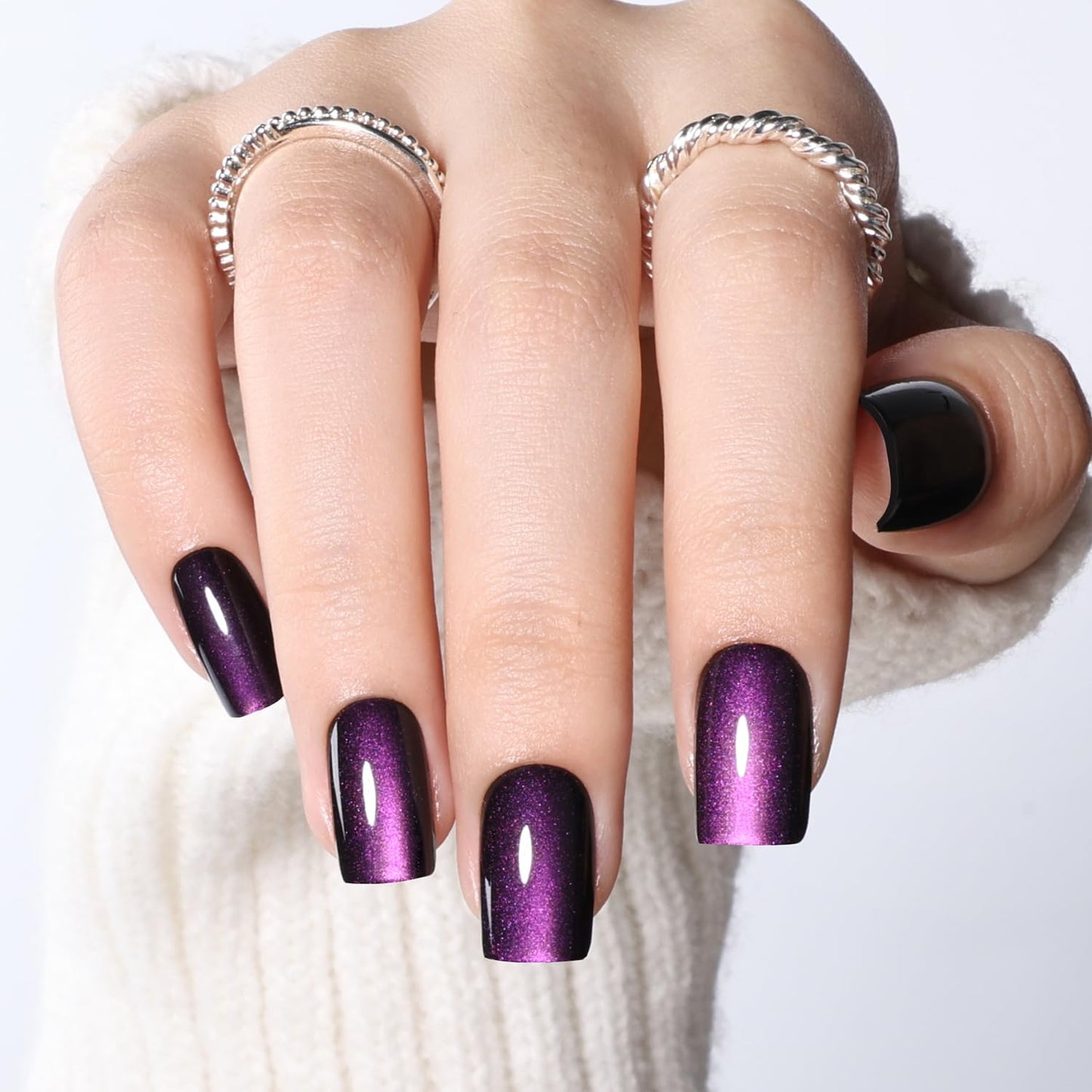 Purple Cat Eye Press On Nails Square - Dark Purple Short Square Fake Nails, Short Cateye Press On Nails Reusable Stick On Nails in 16 Sizes, 32pcs False Nail Kit for Women & Girls(Silent Amethyst)