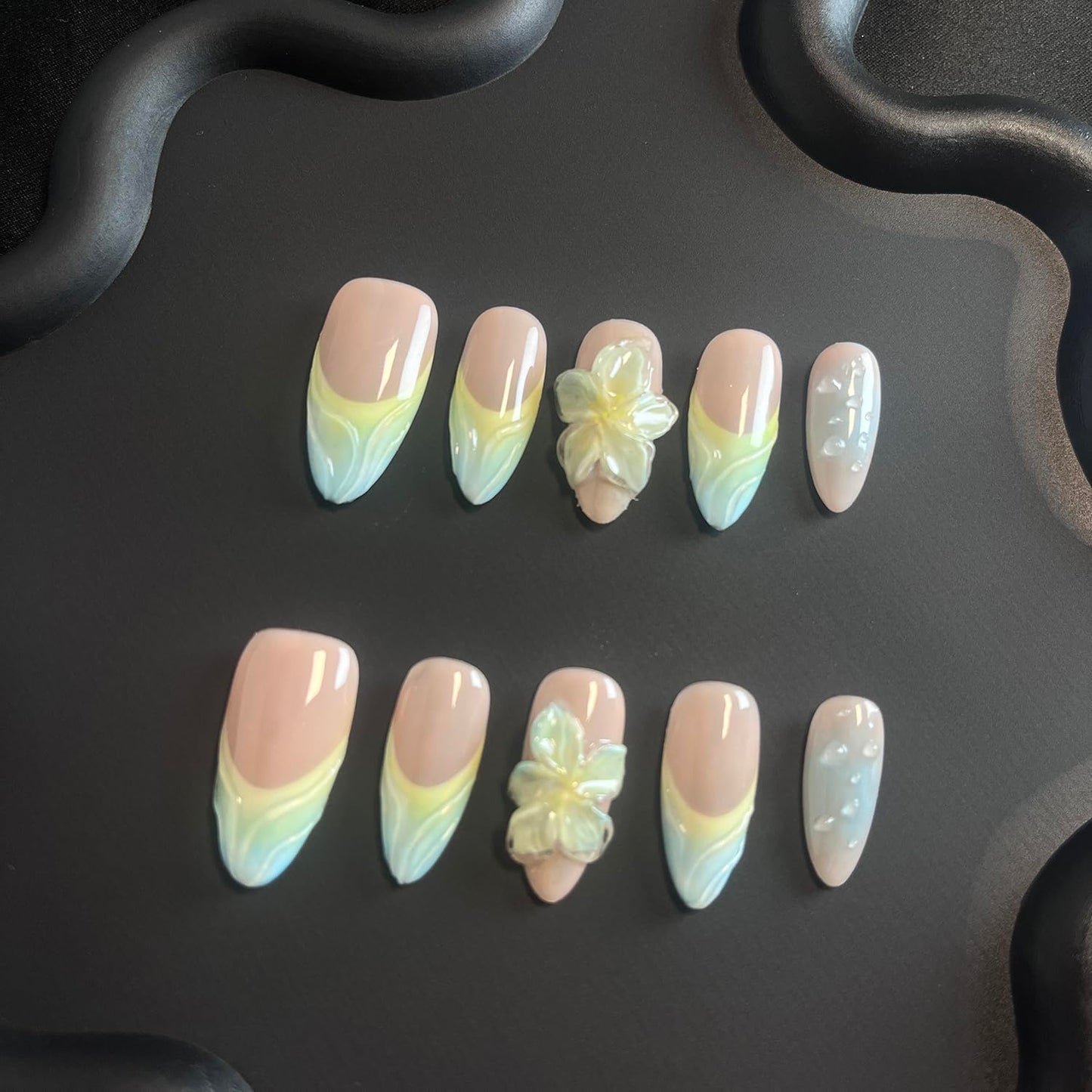 Luxury Press on Nails Medium Almond Handmade 3D Unique Reusable ABS Material Fake Nails Yellow&Blue False Nails with Designs Flower Water Drop Art Petal Glossy Glue on Thick Acrylic Nails(S)