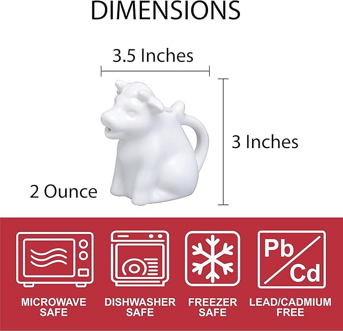 HIC Kitchen Mini Cow Creamer With Handle, Fine Porcelain, 2-Ounce, For Serving Milk, Cream, Syrup, Dressings, And Sauces, Set of 2