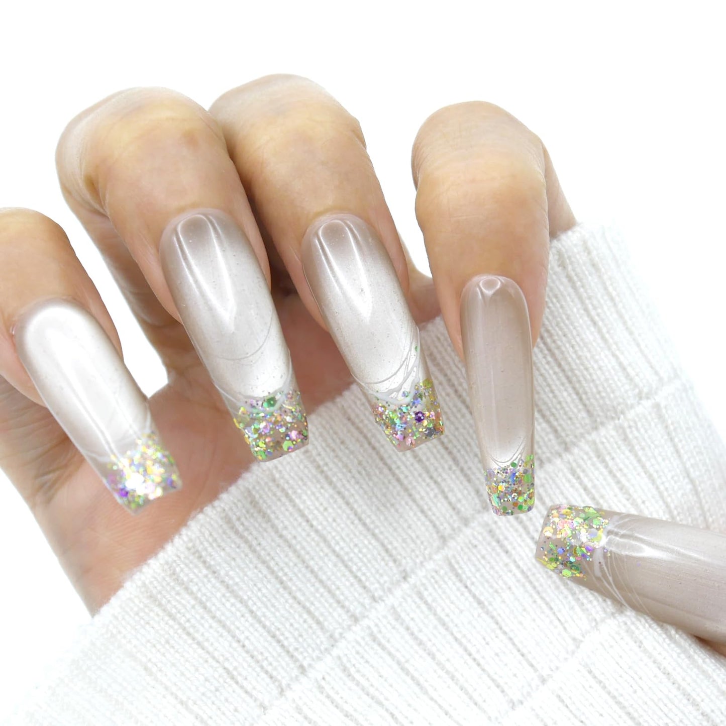 Cat Eye French Tip Press On Nails，Long Stiletto Fake Nails，Glossy Artificial Fake Nail .With Glue Tabs - 10Pcs Nail Kit for Women Girls Elegant & Durable Artificial Nails for Instant Manicure.