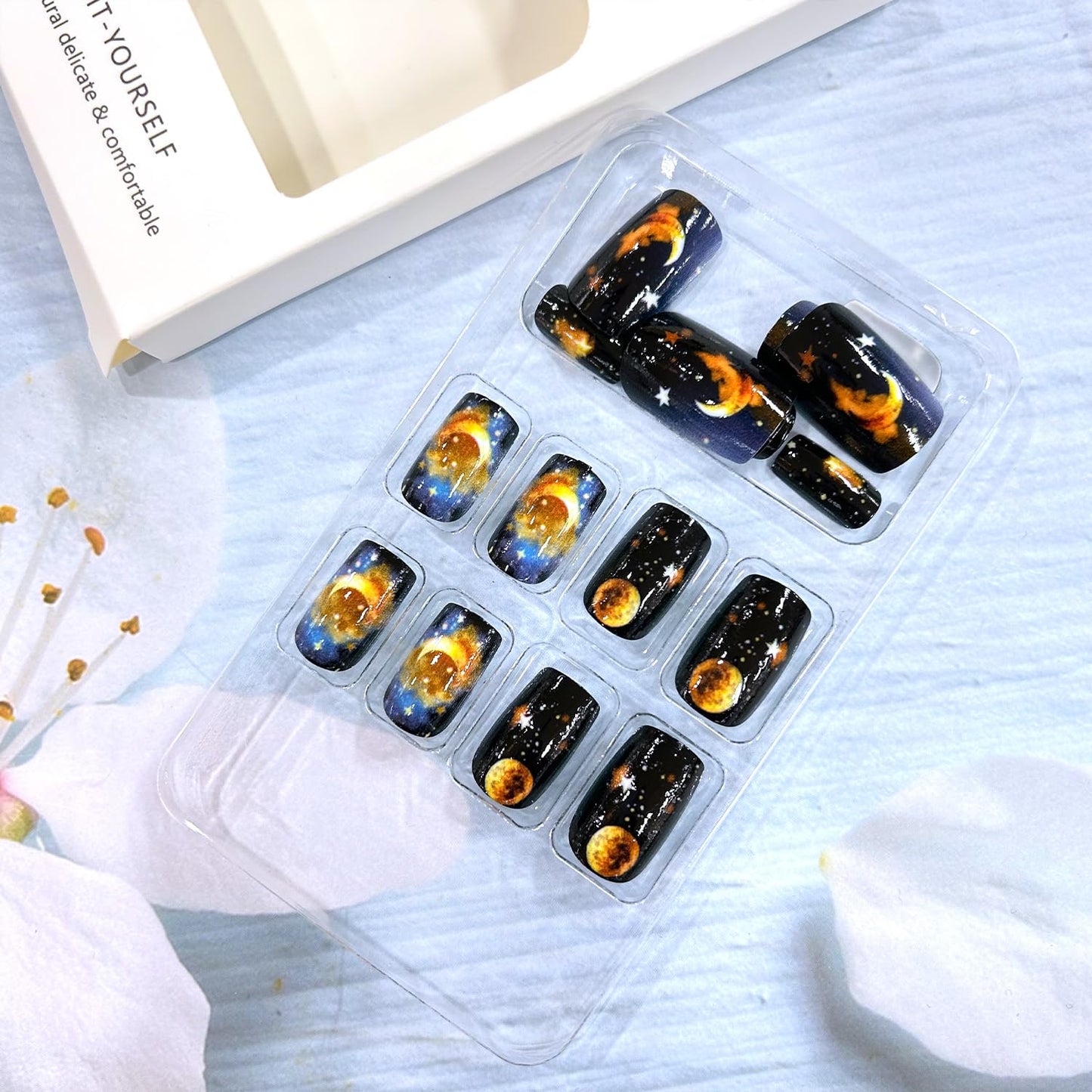 Press on Nails Medium Length Black Starry Sky Design Acrylic Nails Gold Moon Stars False Nails Full Cover Stick on Nails Stars Ball Fake Nails Artificial Coffin Nails Acrylic Glue on Nails for Women