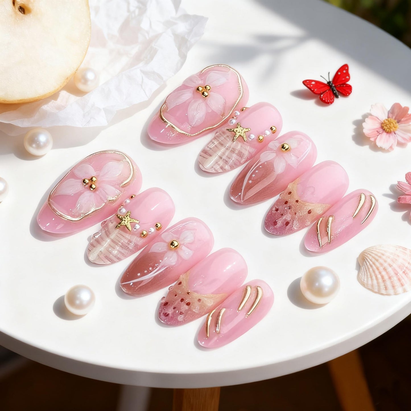 SEENEEY Long Almond Press on Nails French Fake Nails Orange Artificial Nail White Floral Designs Stick on Nail for Women 24pcs