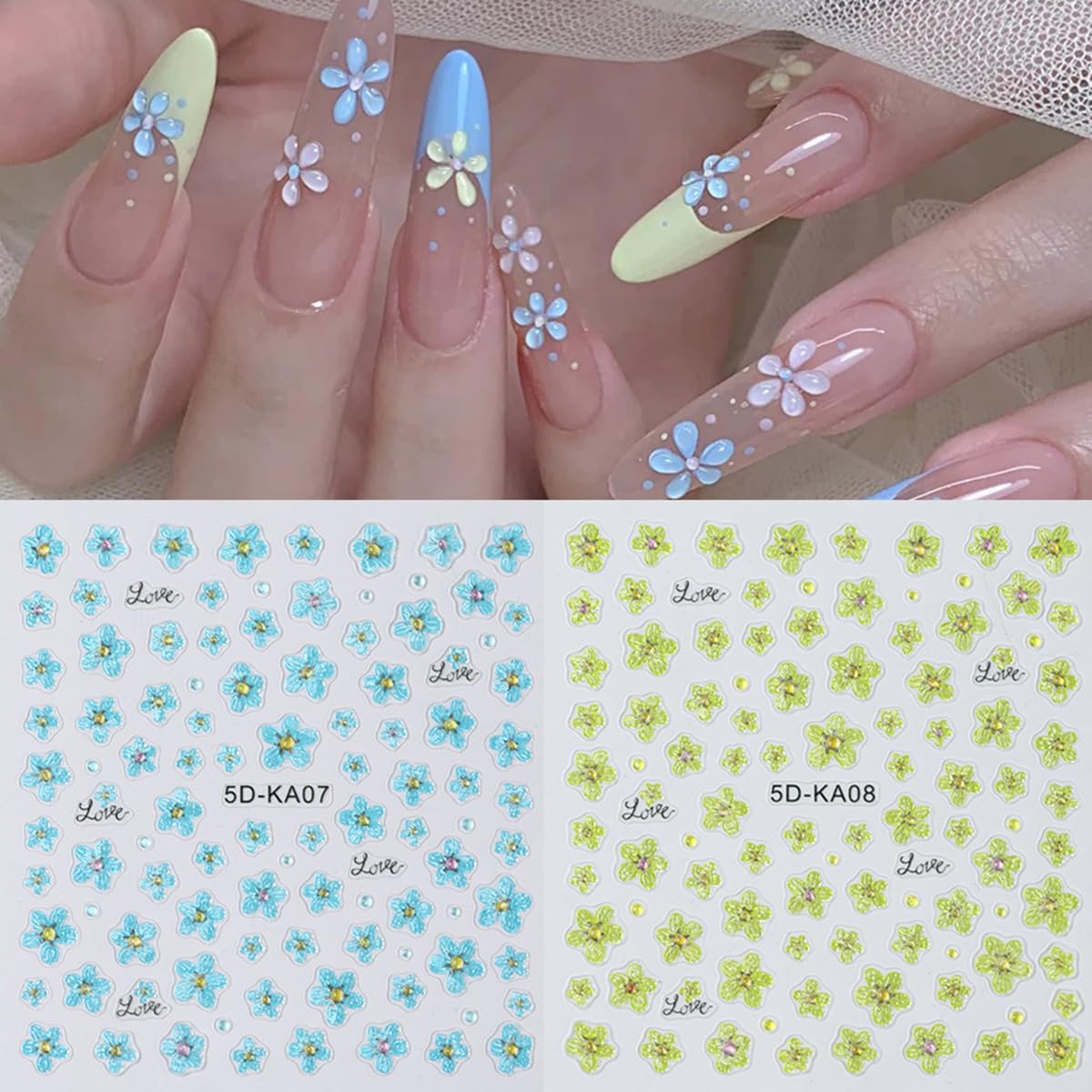 3Pcs Flower Nail Art Stickers 5D Embossed Summer Nail Decals Blue Green Pink Petal Flowers Designs Soft Gel Nails Sticker Spring Floral Self Adhesive Nail Art Supplies DIY Acrylic Nails Accessories