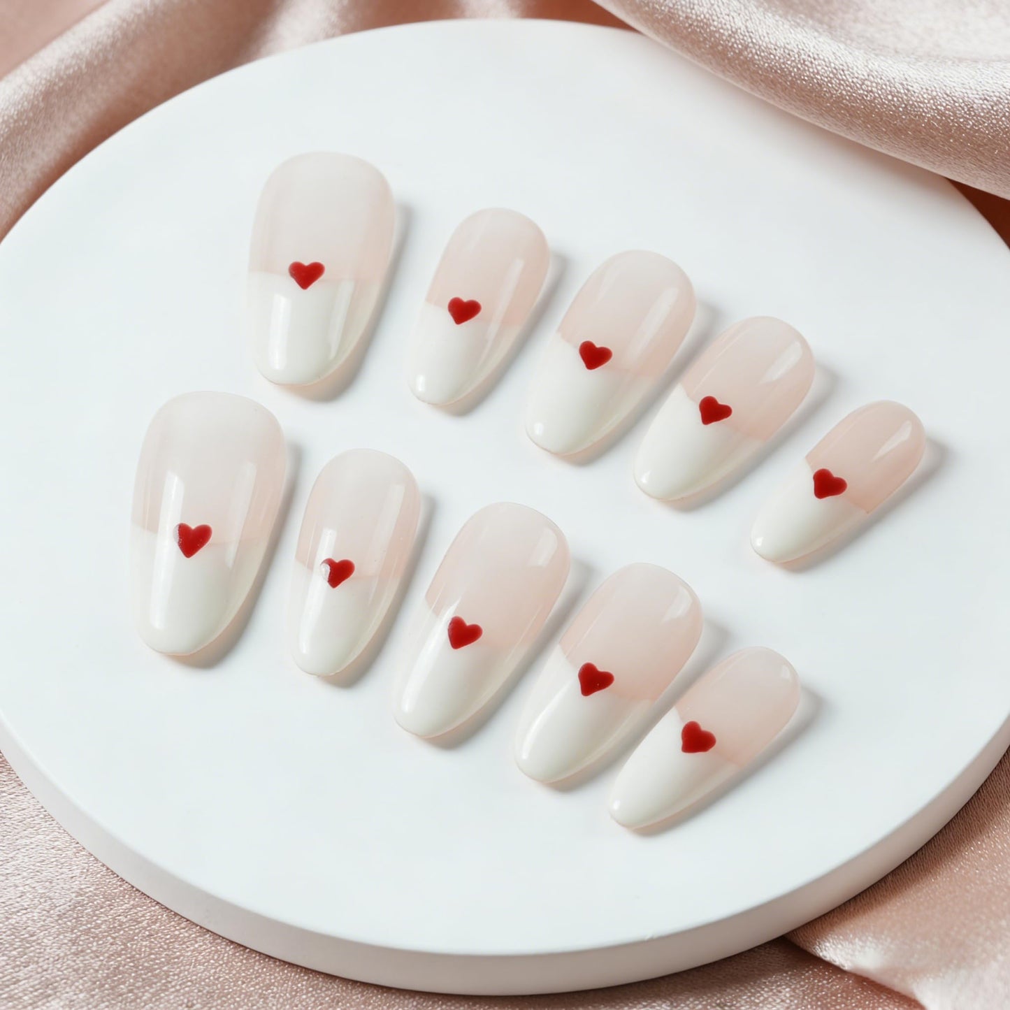Tesytto Medium Almond Press on Nails - Red Heart Fake Nails Full Cover Glossy, Classic White Edge Design French Tip Handmade False Nails(Creamy Heart French,S)