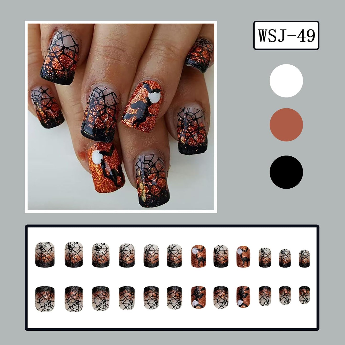 Halloween Press on Nails Short Square Bat Witch False Nail Acrylic Artificial Fingernails Glitter Powder Spider Web Design Full Cover Glossy Festival French Stick on Nails for Women Supplies 24Pcs
