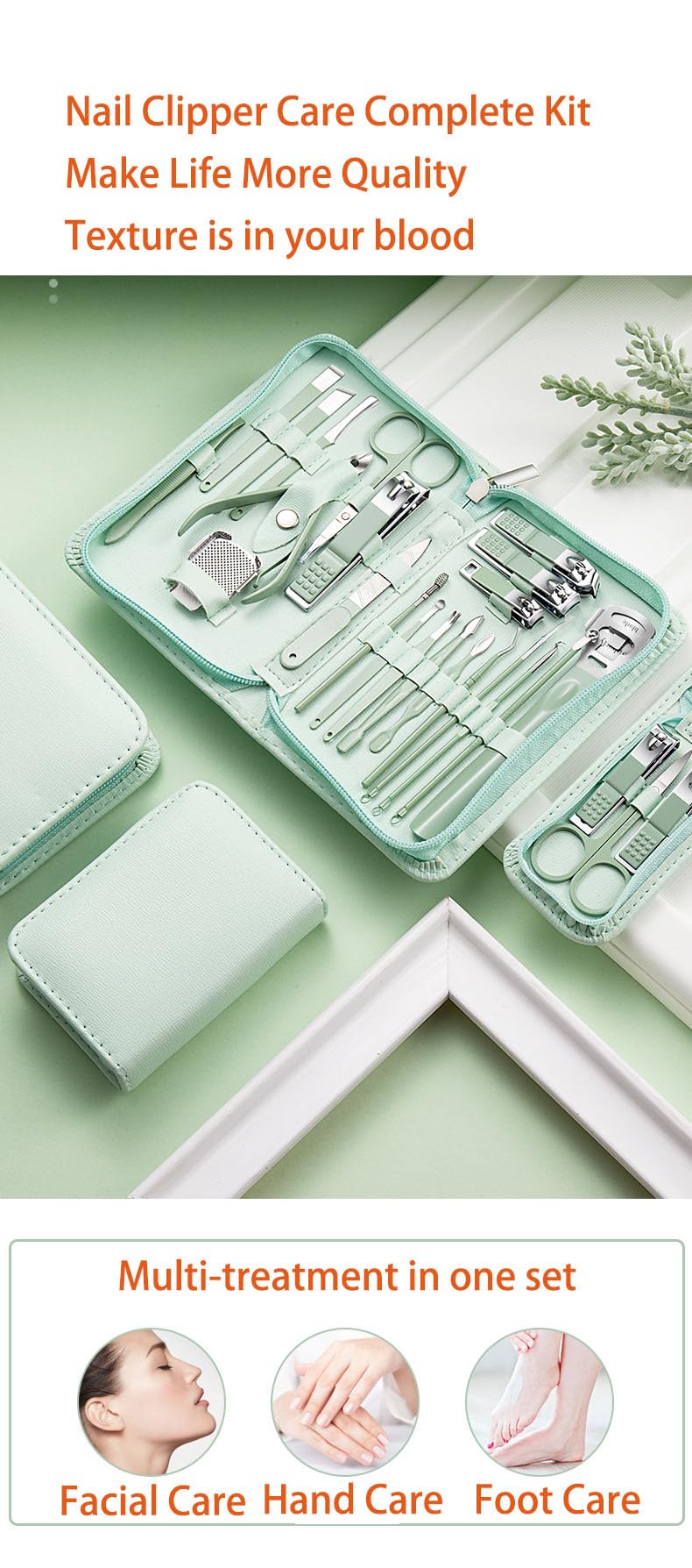 Nail Clippers Set Fingernail and Toenail Clipper Cutters, Manicure Pedicure Kit -22 Pieces Stainless Steel Professional Grooming Kits, Nail Care Tools with Green Zipper case (RHYTHM-0026A22)