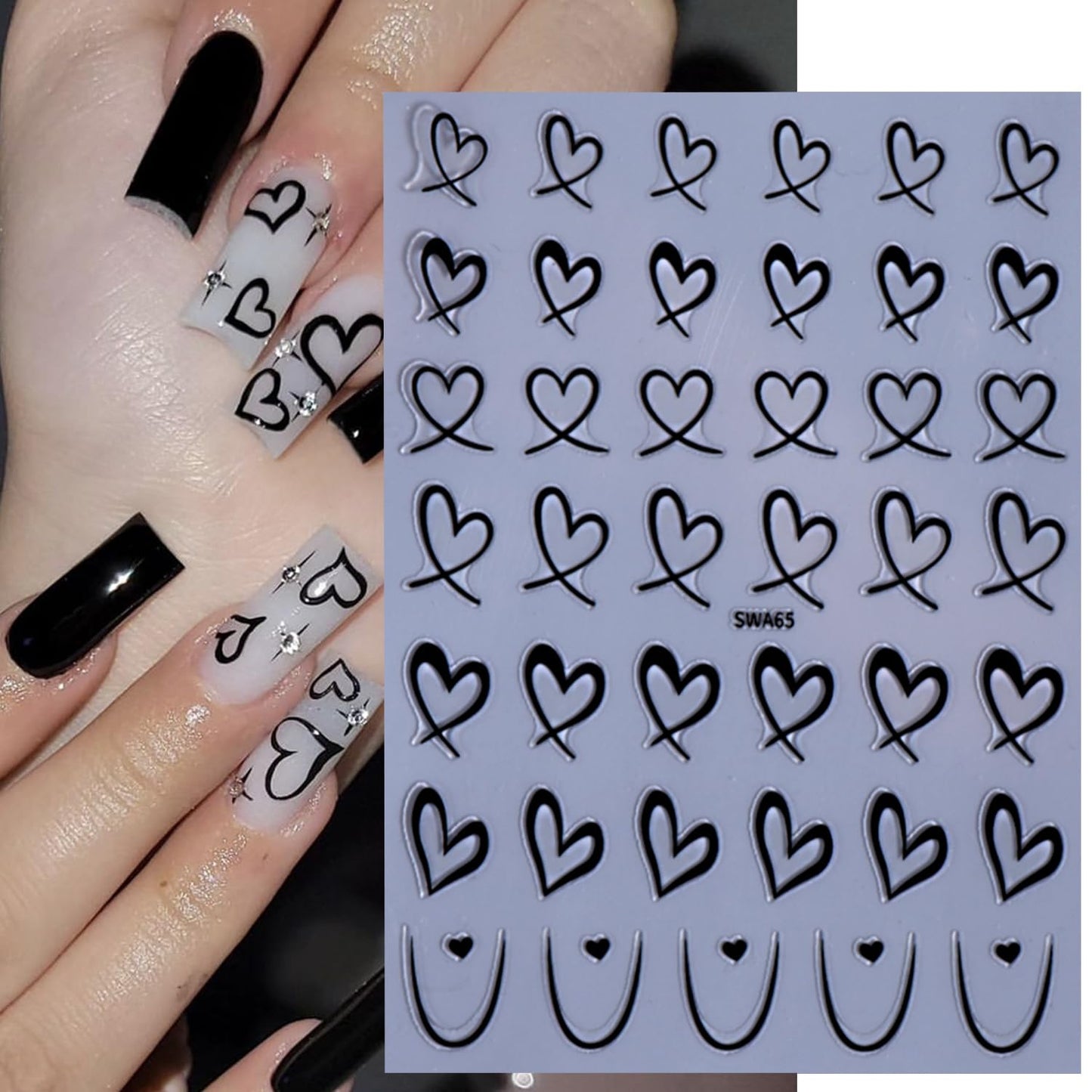 Heart Nail Stickers - Wavy Line Nail Design 3D Self-Adhesive Love Hollow Peach Heart Shaped French Sticker for Women Valentine Gift Nail Decoration