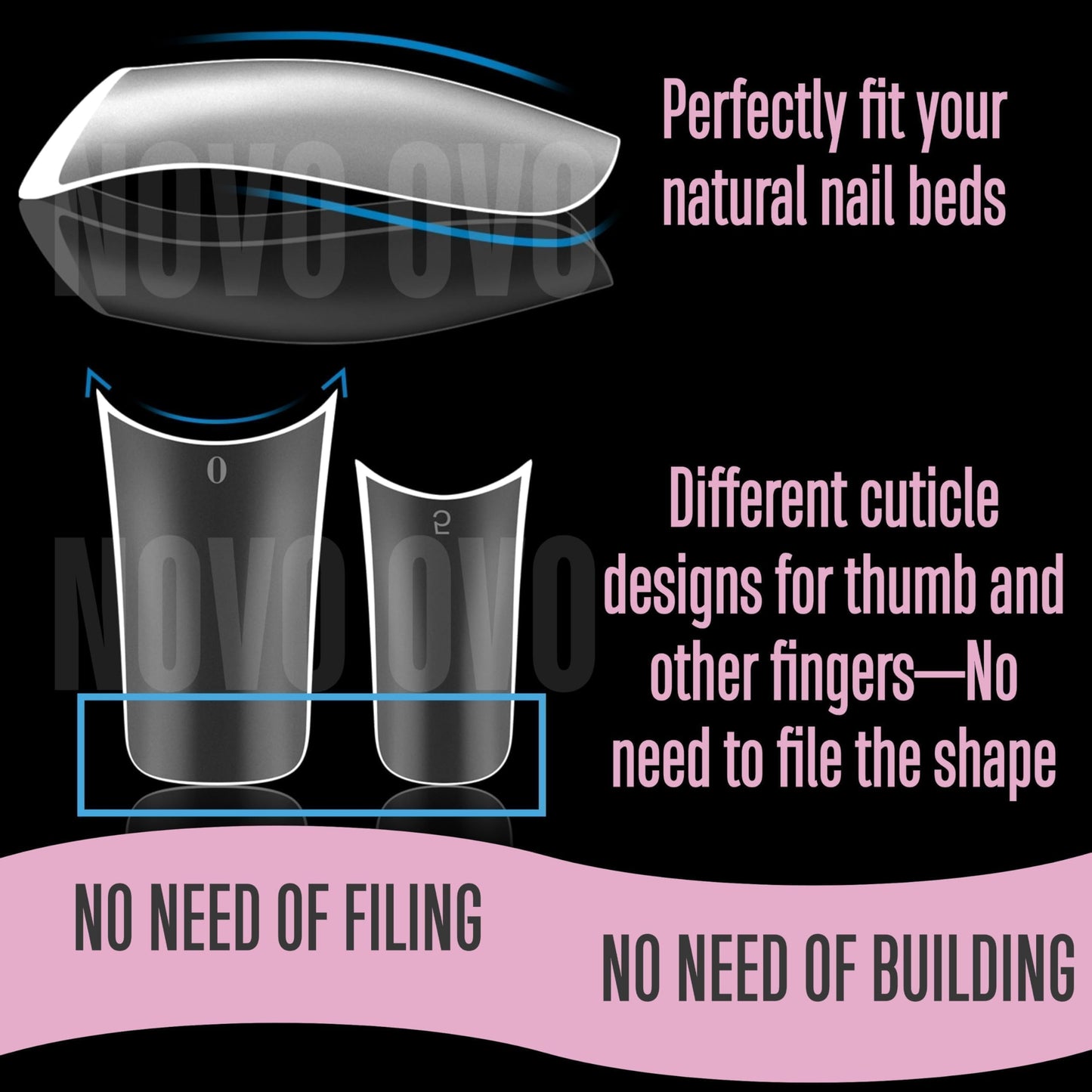 NOVO OVO Halloween Extra Thick Duck Feet Nail Tips Full Cover for Press on Acrylic with Moon Curve, Medim Long Clear Pre-Etched Matte Flare Wide French Soft Gel False Nail Extension x 15 Sizes 150 pcs