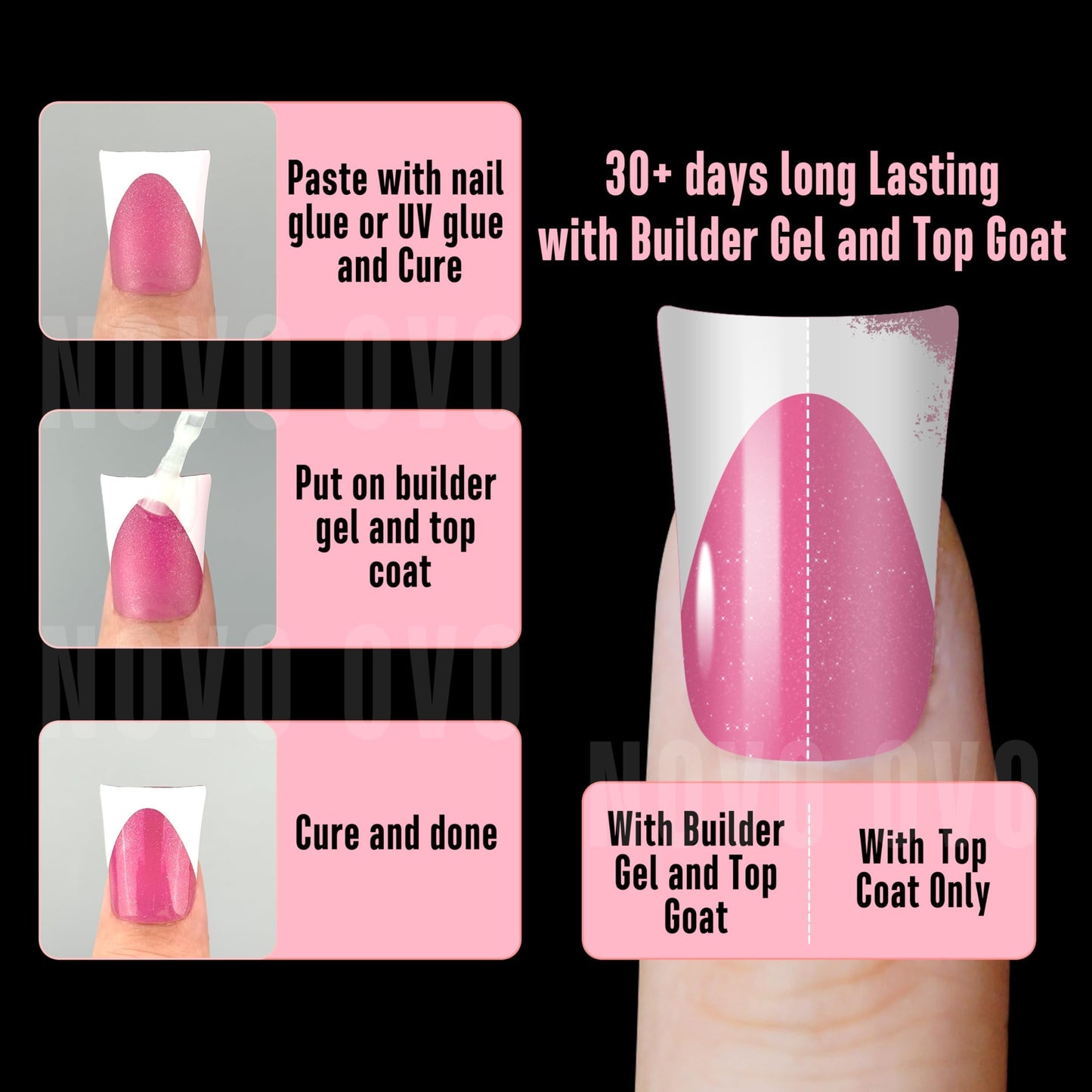 NOVO OVO Short Duck Nail Tips French Tip Press On ROSE PINK with Glitter, Soft Gel Nail Extension, Need Buider Gel Top Coat, No Glue included, Full Cover Acrylic False Nails for DIY x 12 Sizes 240 pc