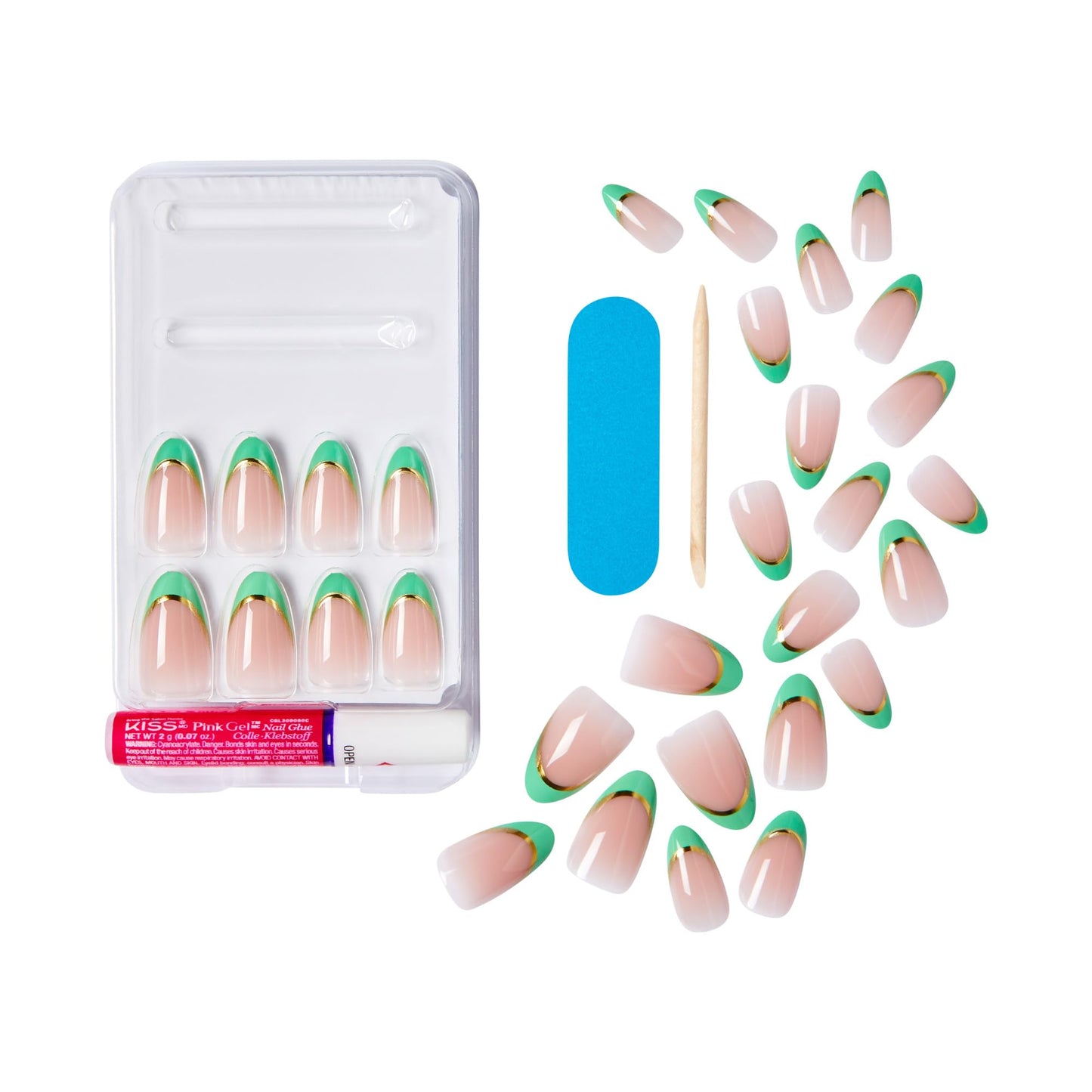 WICKED X KISS Press On Nails Almond, ‘Thrillifying!’, Green, Medium, Waterproof, Chip Proof, Smudge Proof, 28 Fake Nails, Pink Gel Nail Glue (2g), Mini Nail File, & Manicure Stick
