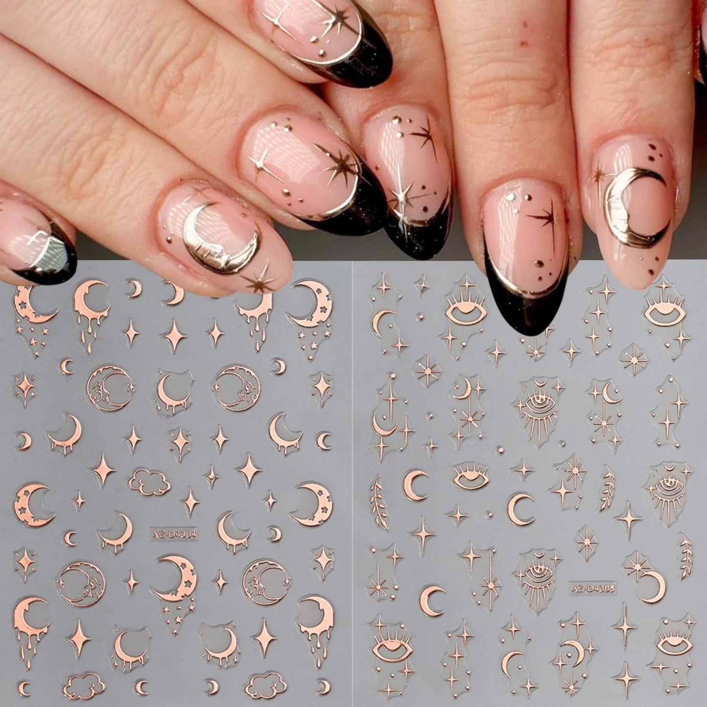 12 Sheets Rose Gold Nail Art Stickers, 3D Self-Adhesive Sun Moon Stars Designs Nail Sticker Acrylic Manicure Decals Decorations Accessory for Women Girls